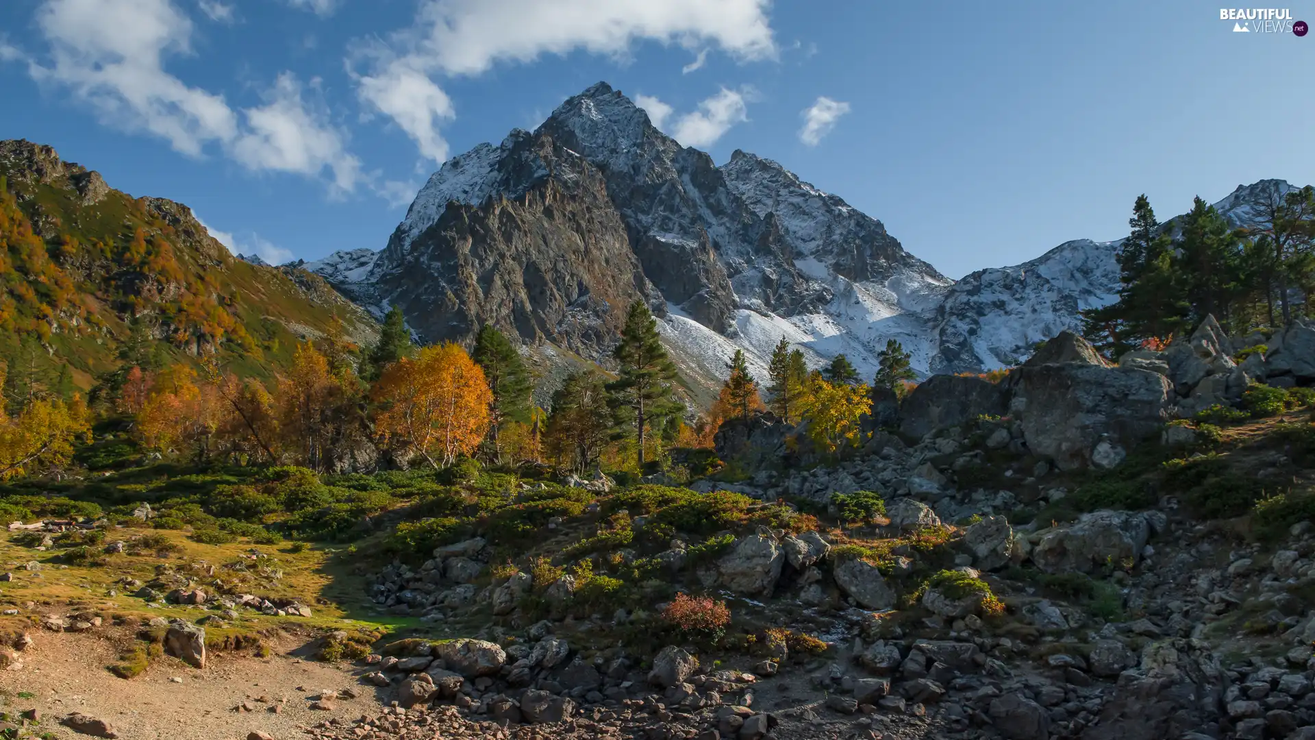 viewes, autumn, Stones, trees, Mountains