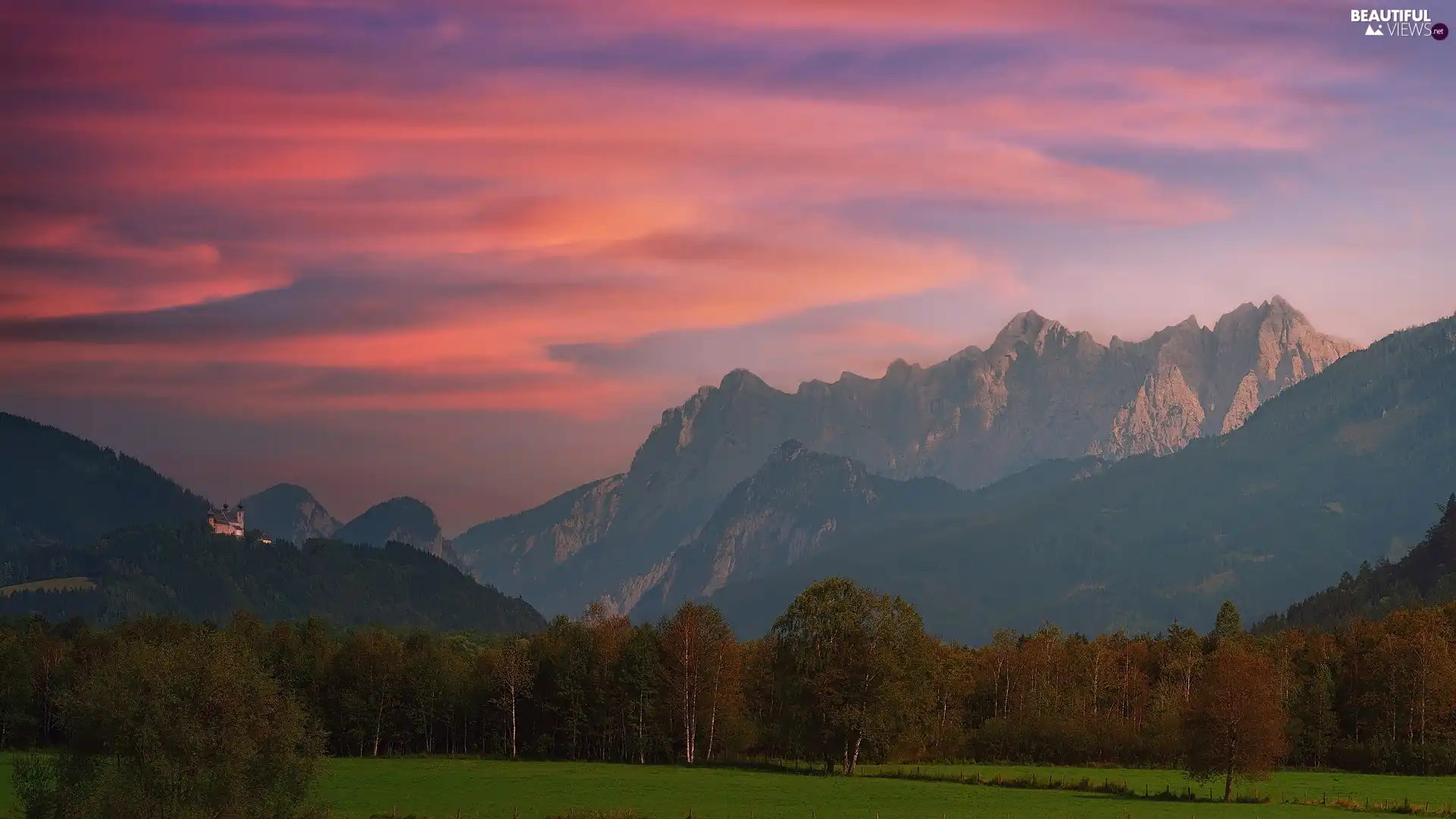 Meadow, Great Sunsets, viewes, Castle, Mountains, trees, autumn