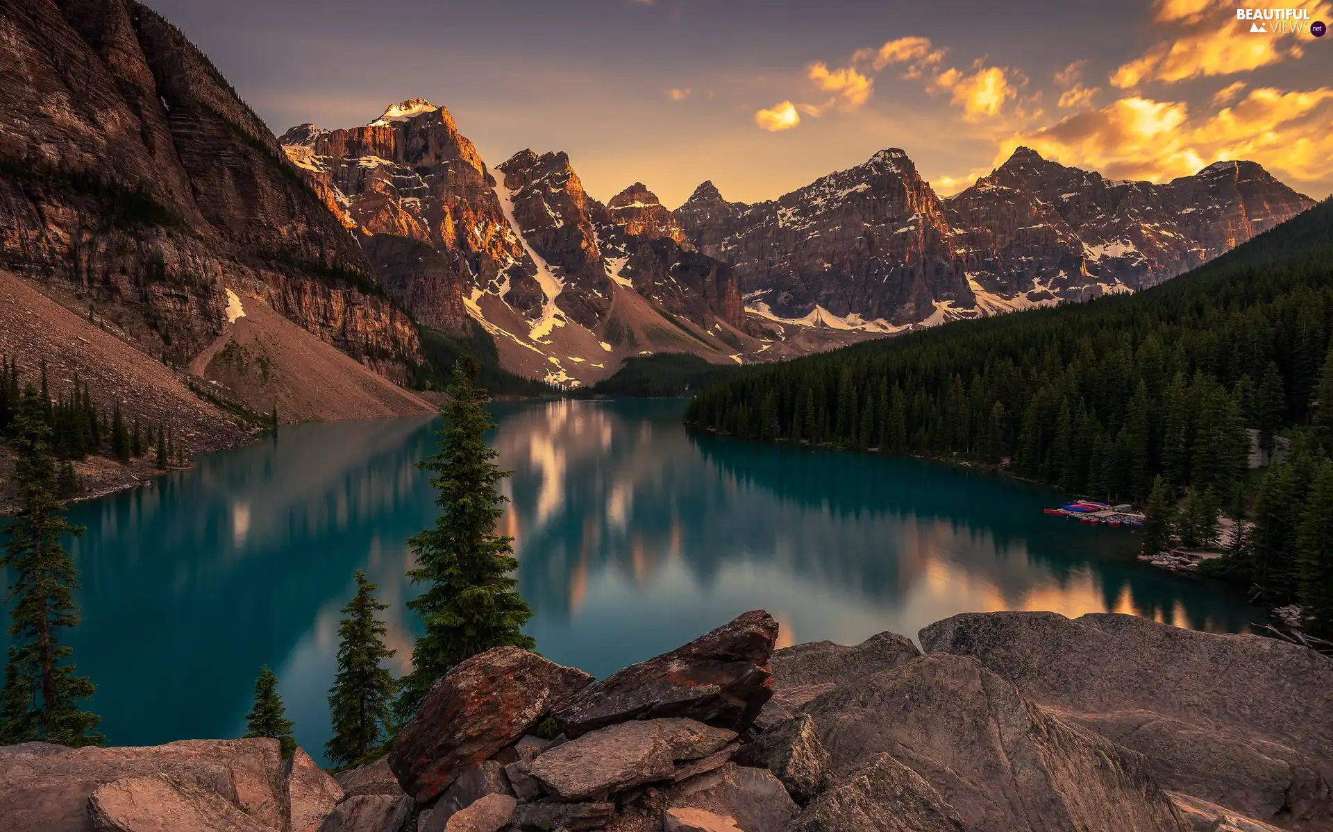 Mountains, Lake Moraine, clouds, woods, viewes, Banff National Park, Canada, trees