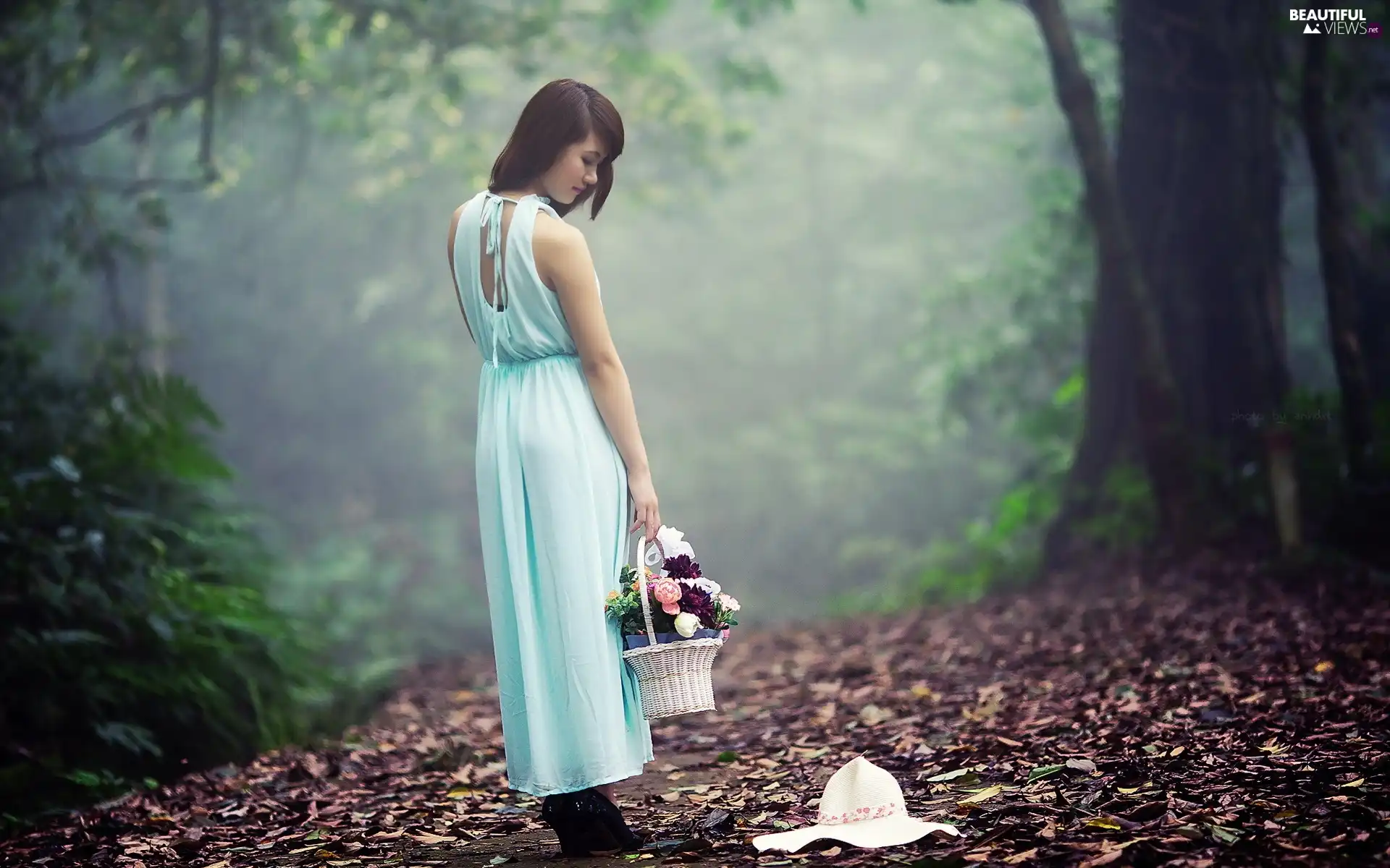 Leaf, girl, basket, Flowers, Fog, forest