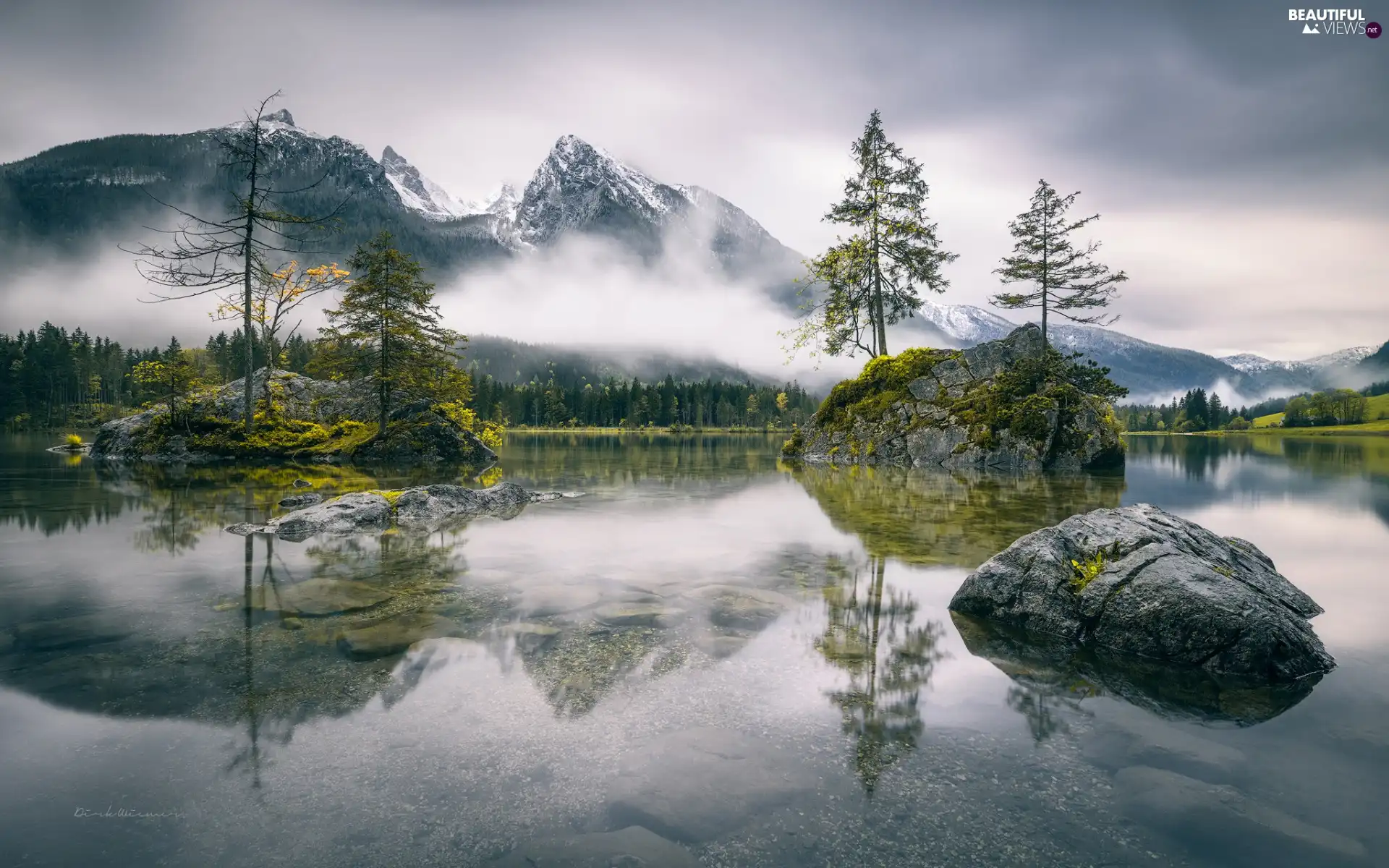 Fog, Alps Mountains, Lake Hintersee, trees, Bavaria, Germany, rocks, Islets, viewes