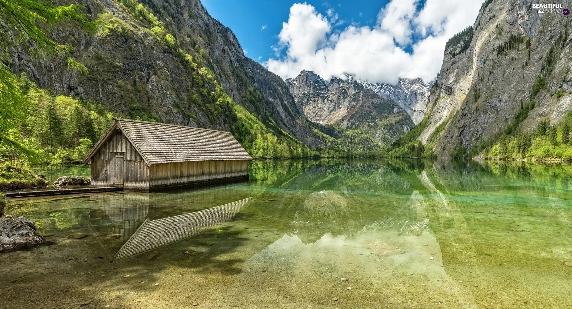 Germany, Lake Koenigssee, cottage, Wooden, trees, reflection, clouds, Bavaria, Berchtesgaden National Park, viewes, Mountains
