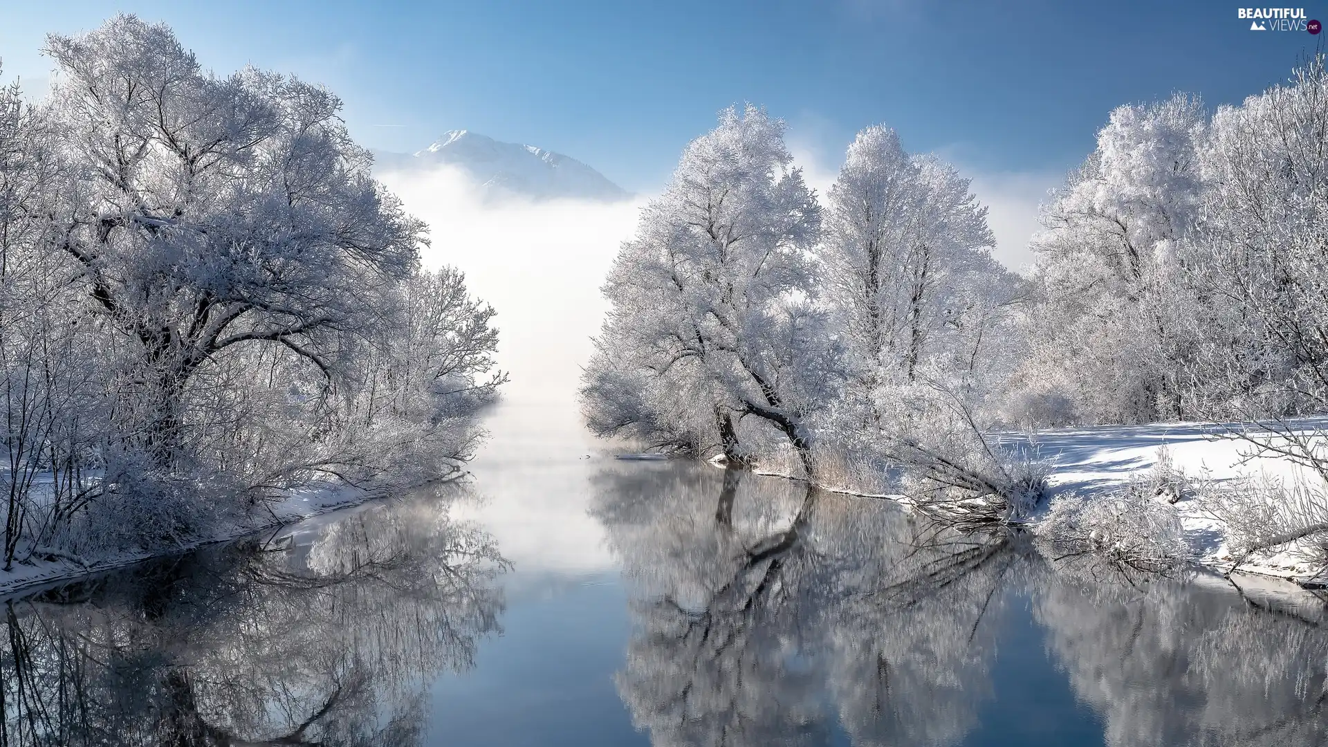 viewes, trees, Snowy, Bavarian Alps, Mountains, Bavaria, reflection, winter, Germany, water, River, snow
