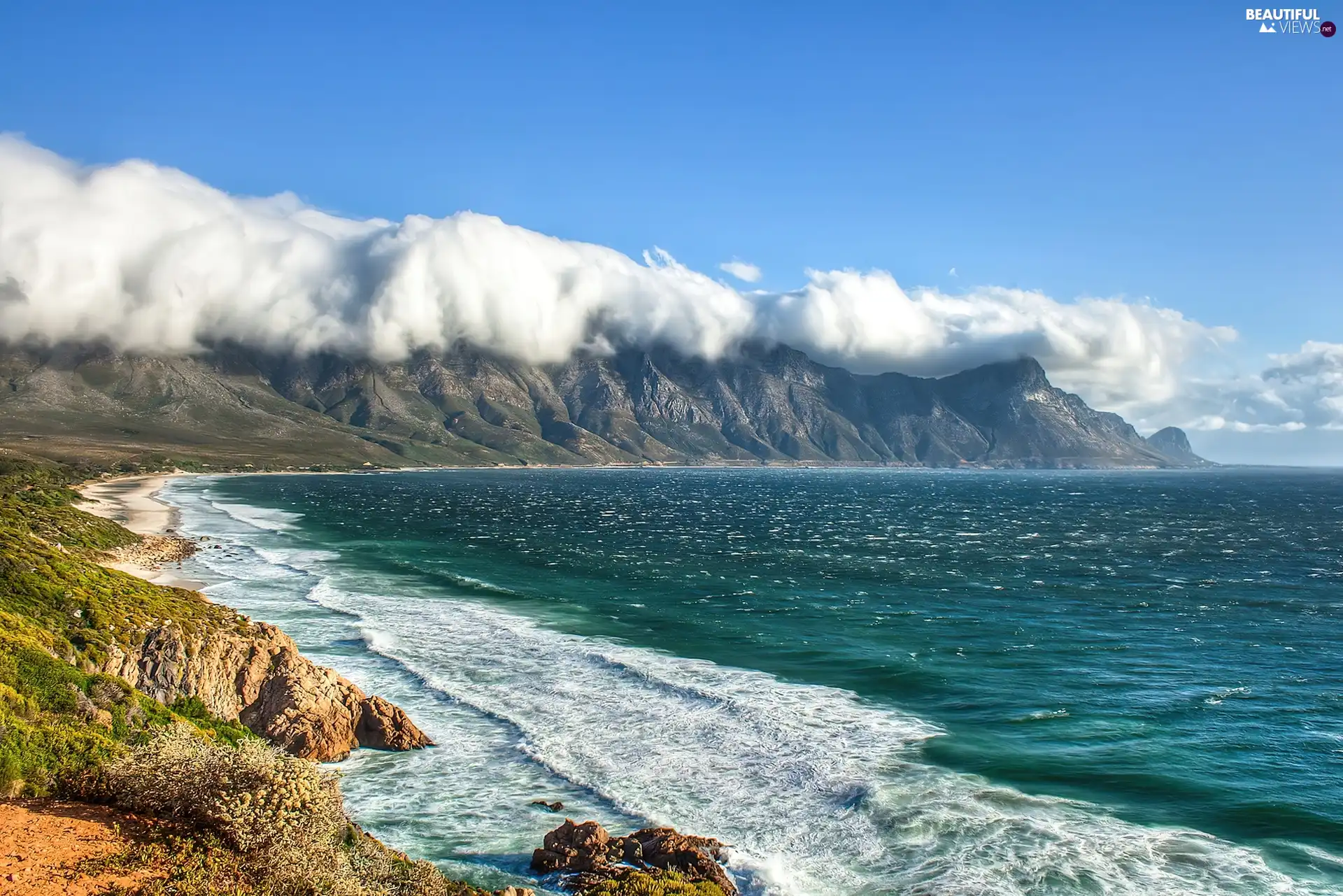Kogel Bay, South Africa, Mountains, clouds, sea