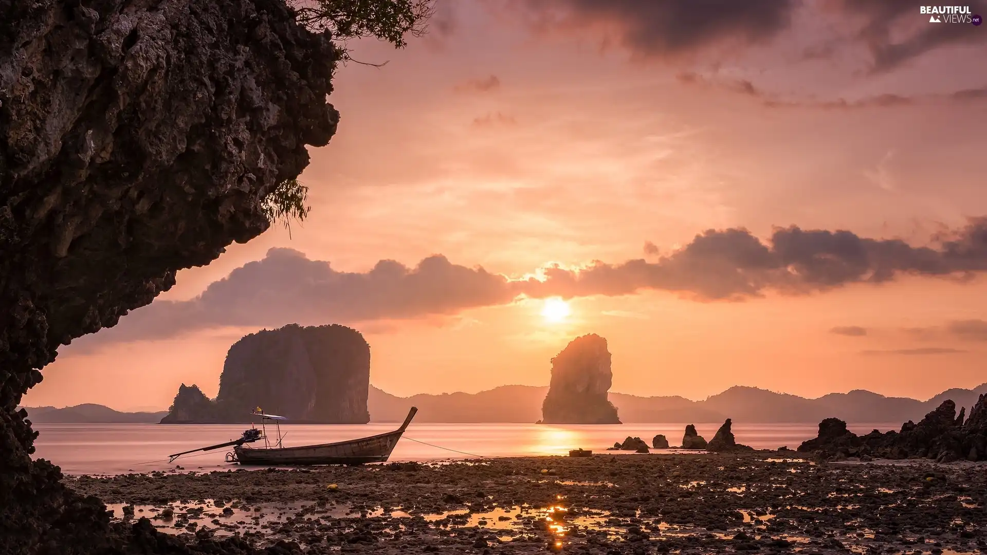 Thailand, Boat, VEGETATION, Sky, rocks, Andaman Sea, Phang Nga Bay, Great Sunsets