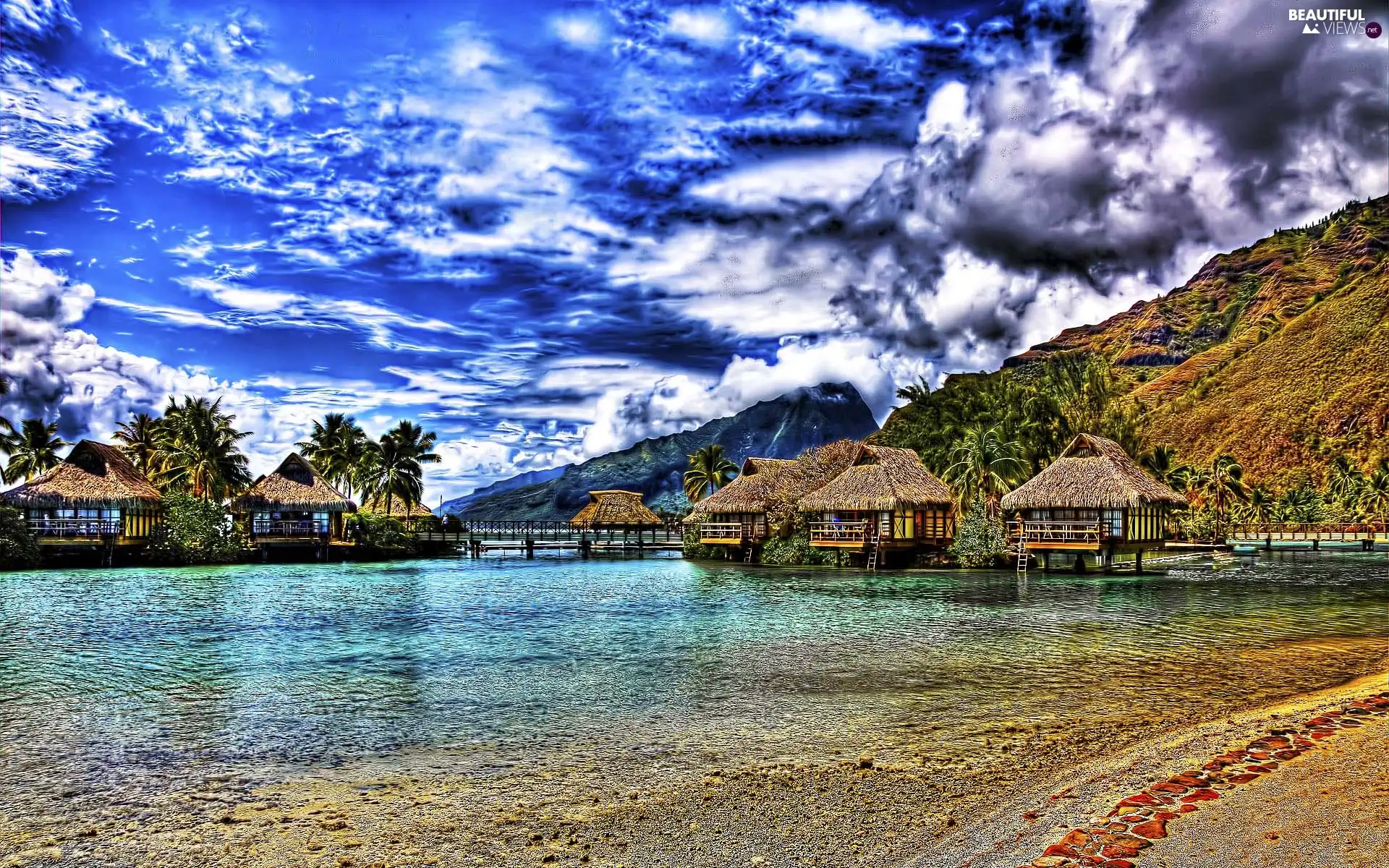 Beaches, Houses, Mountains, sea, clouds