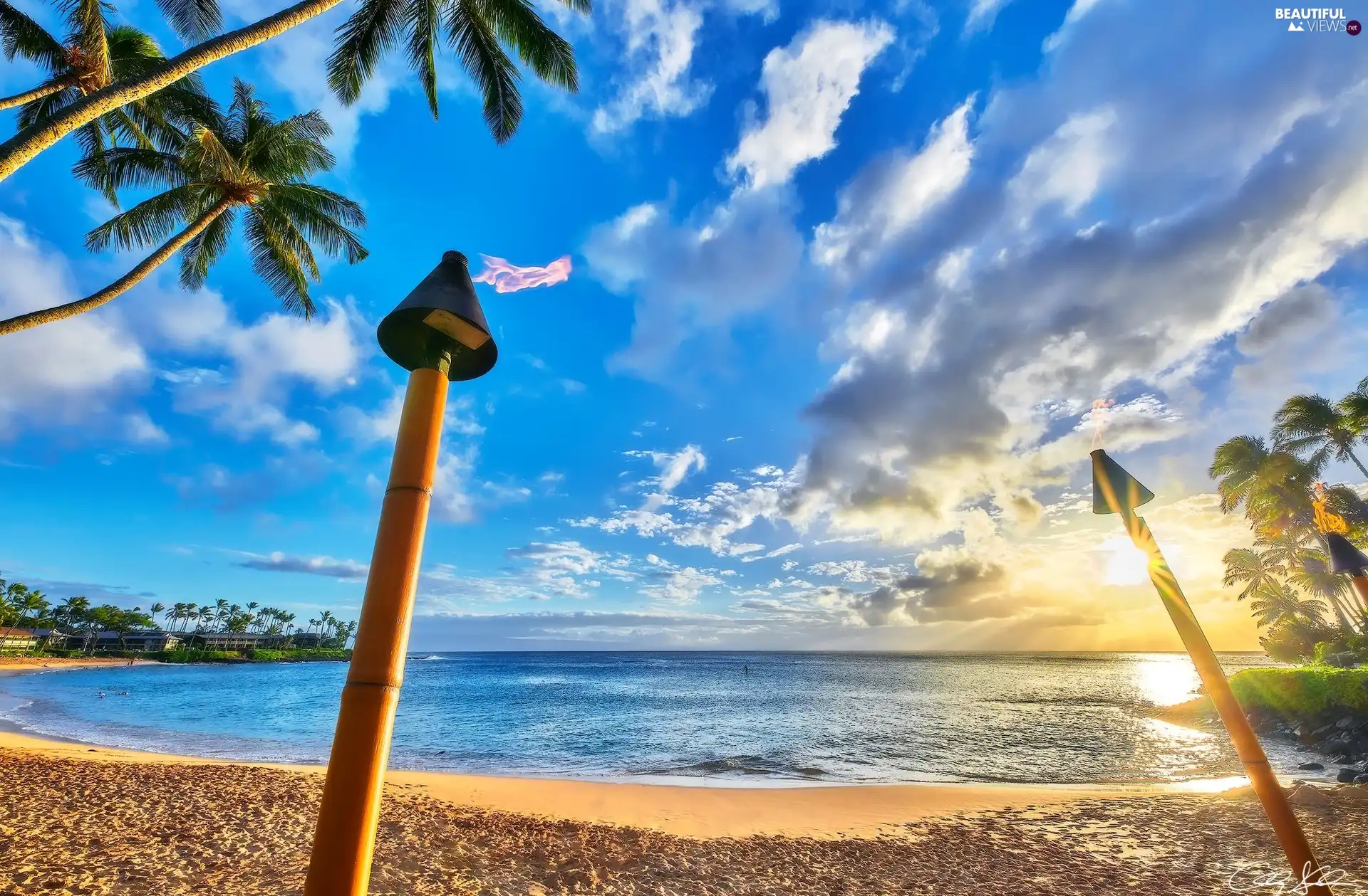 Beaches, Maui Island, Sunrise, sea, Aloha State Hawaje, Palms, clouds