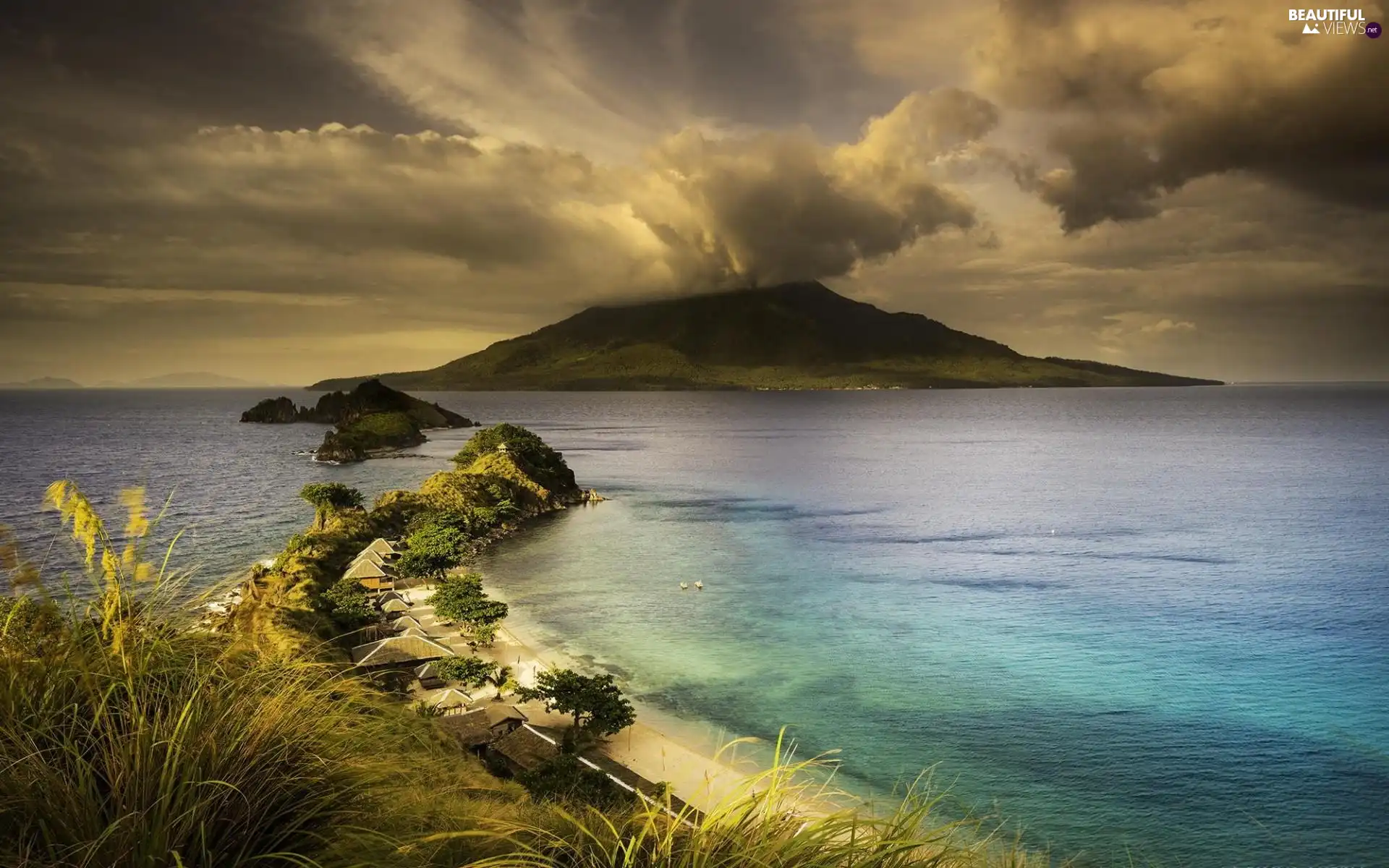 promontory, Islands, Beaches, sea, Houses, volcano