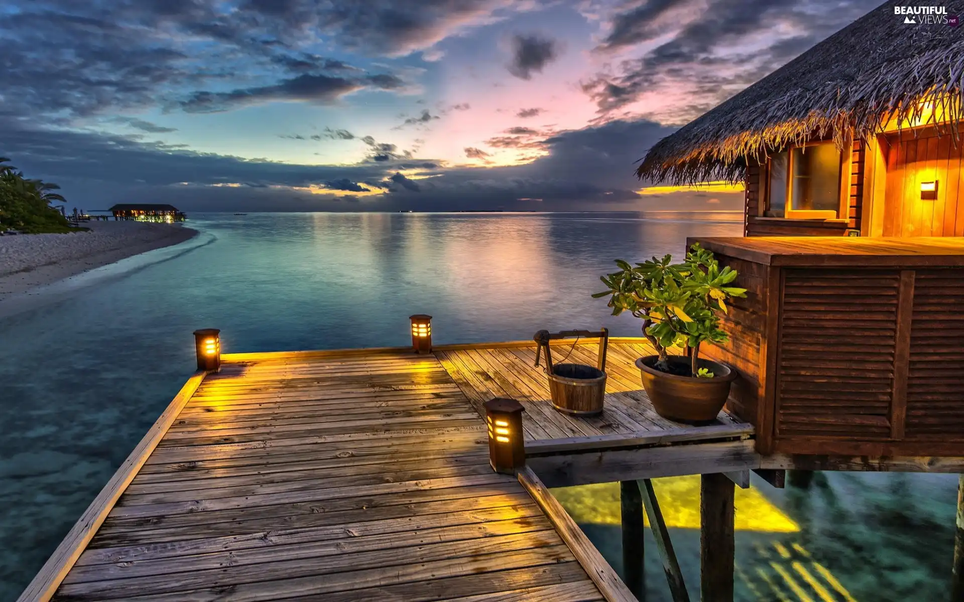 Lanterns, an, sea, piles, house, Beaches, Tropical