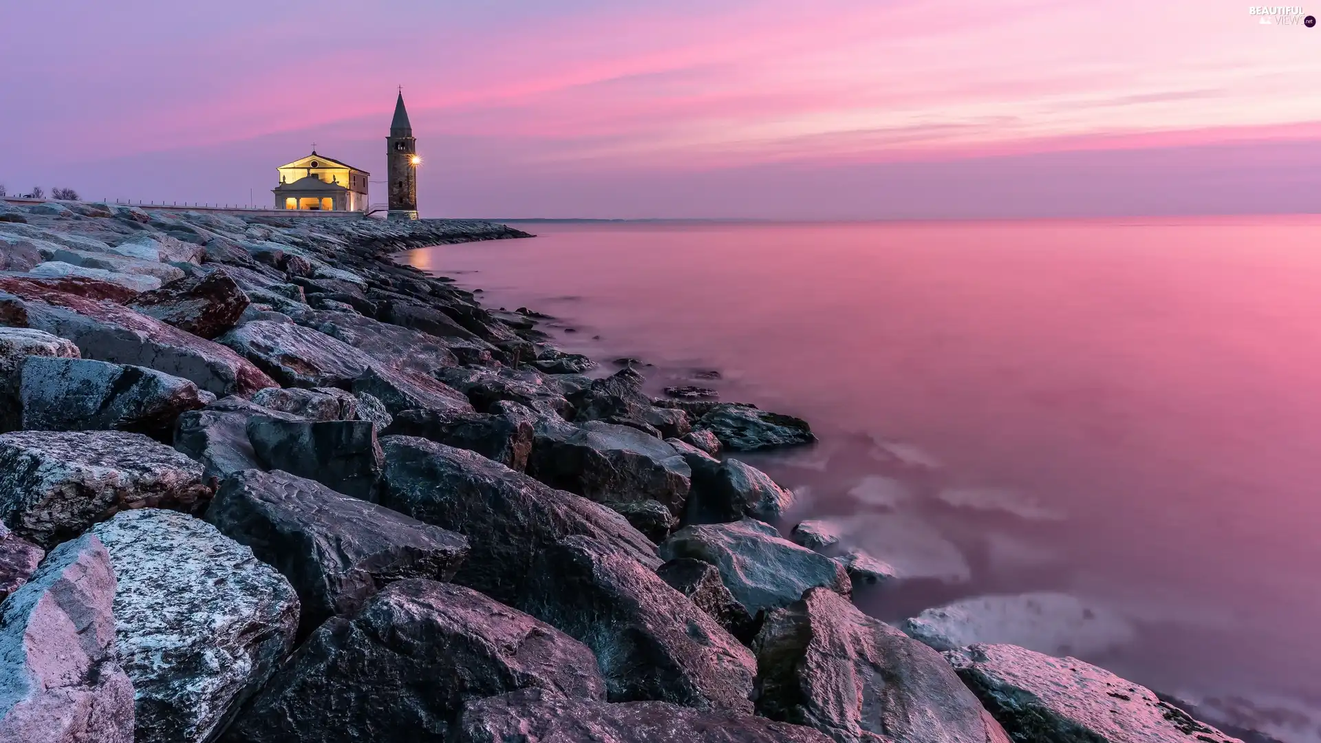 Church, belfry, Stones, rocks, sea