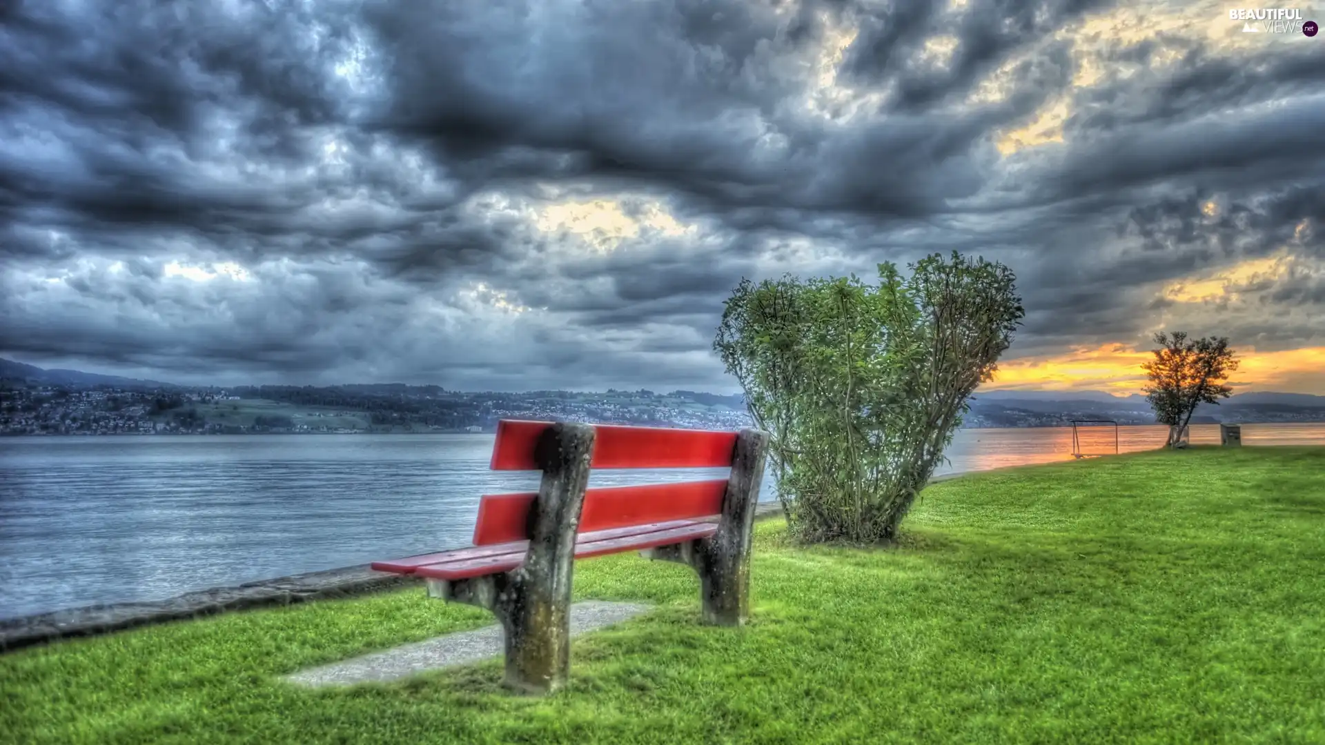 clouds, grass, Bench, River