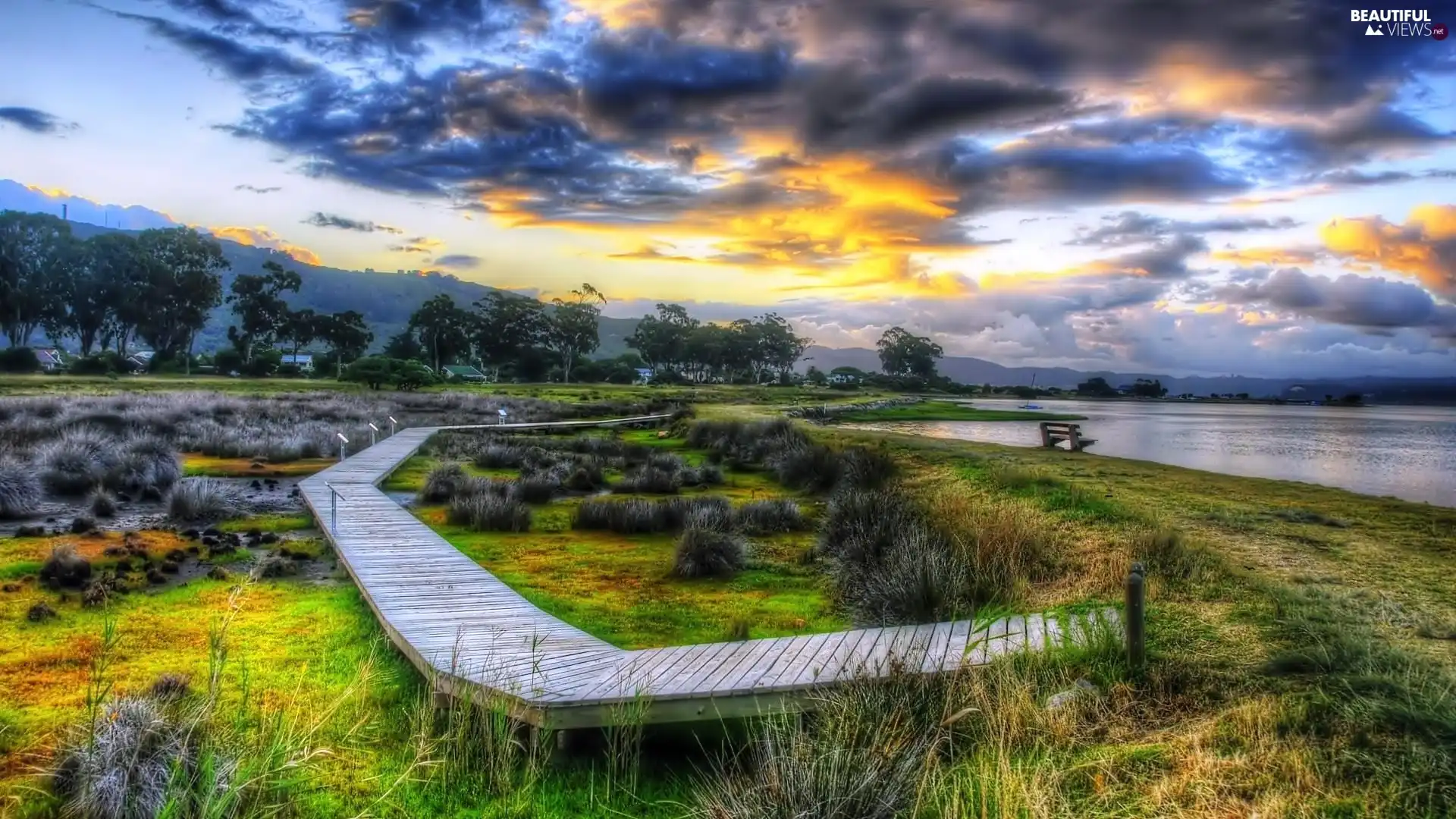 Bench, clouds, Meadow, footbridge, lake