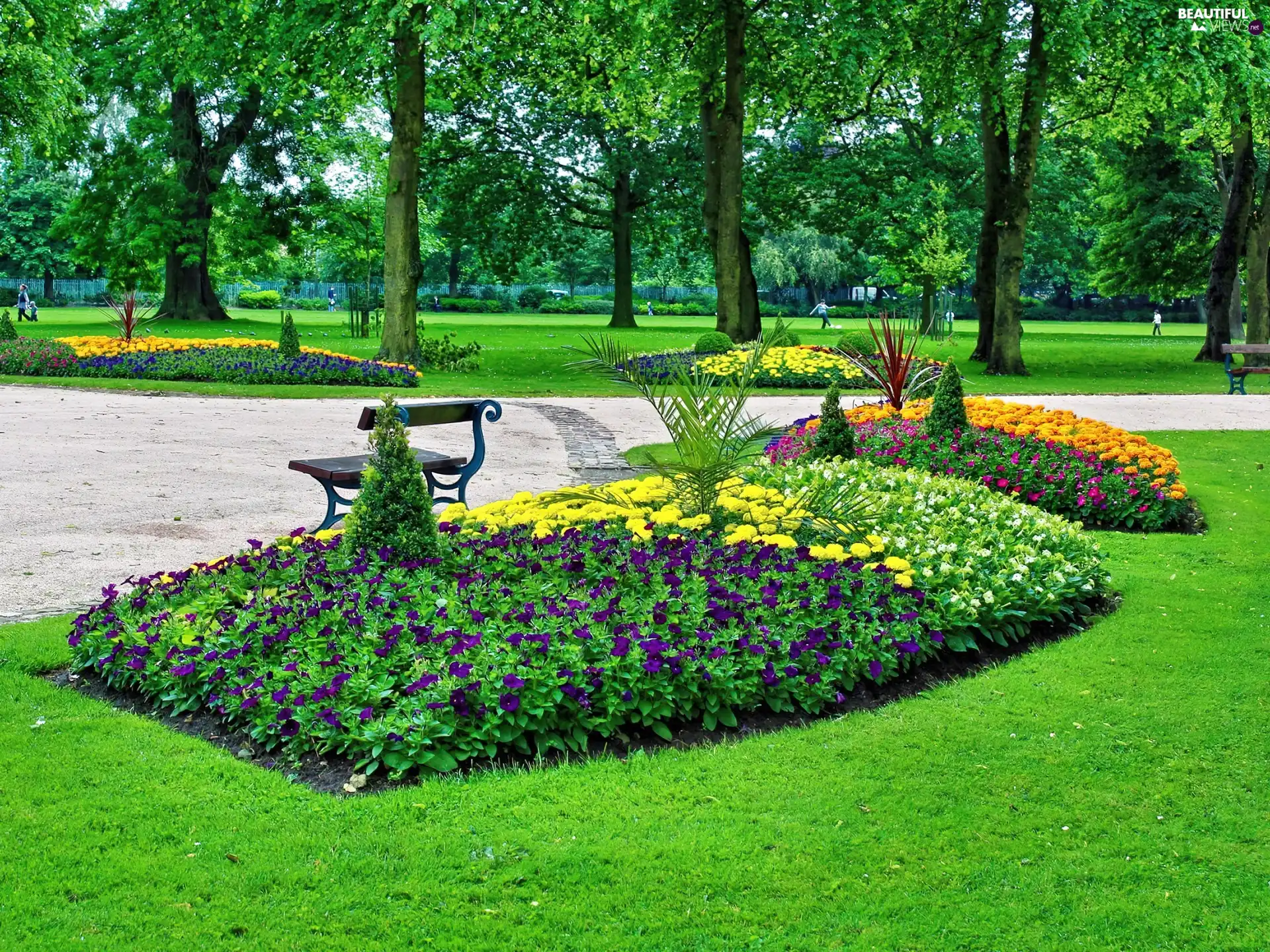 Park, lane, Bench, Flower-beds