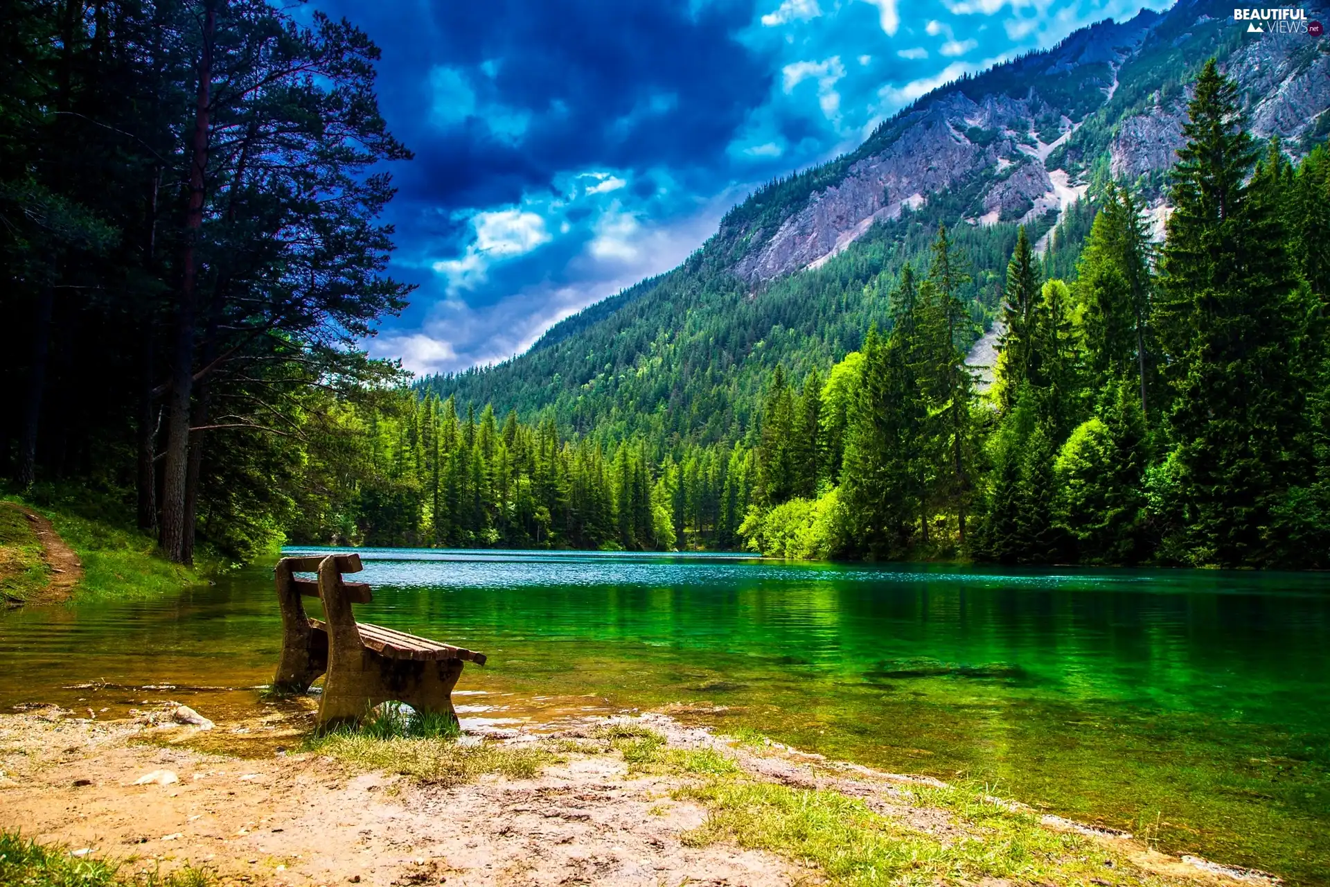 Bench, Mountains, lake