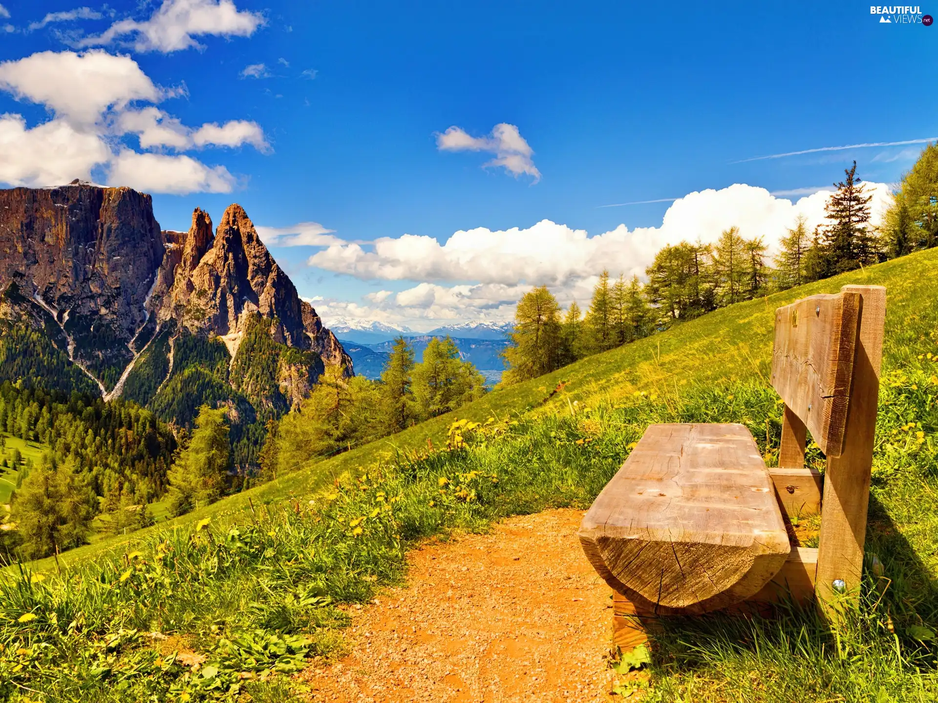 Bench, Mountains, Meadow