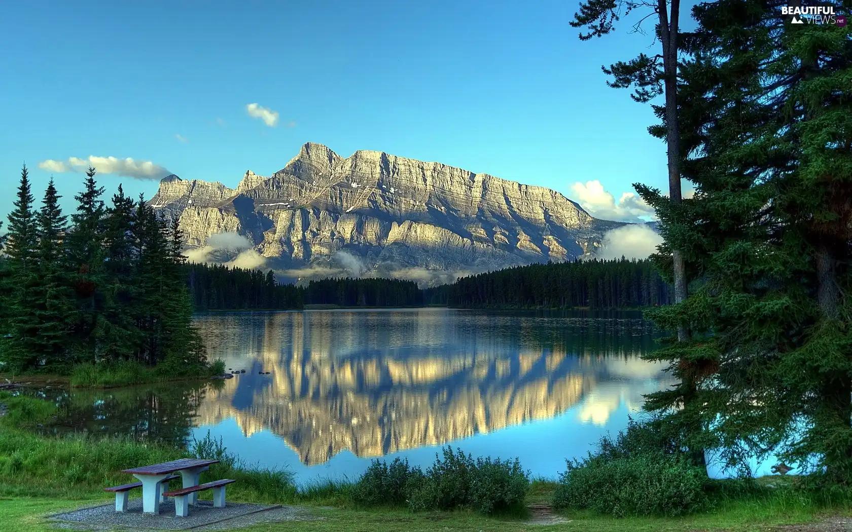 Mountains, lake, Bench, woods