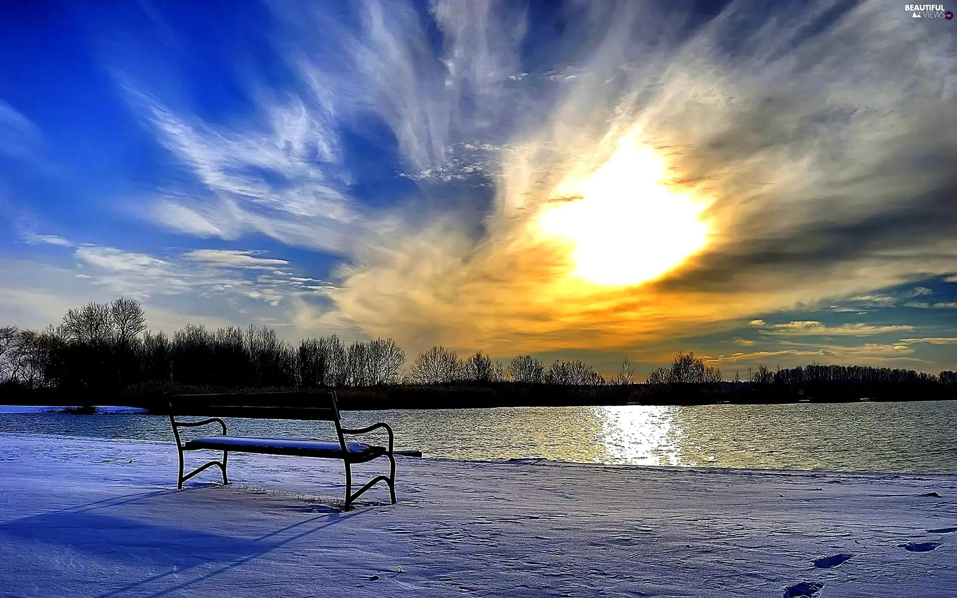 Great Sunsets, winter, Bench, lake