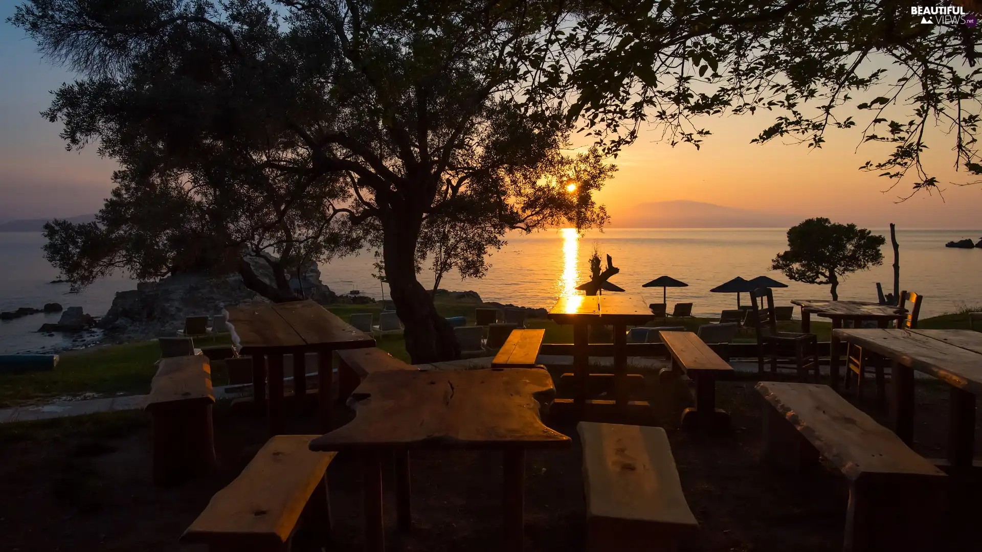 Great Sunsets, sea, bench, trees, tables