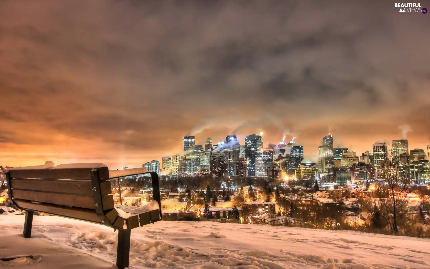 Bench, winter, night, snow, Town