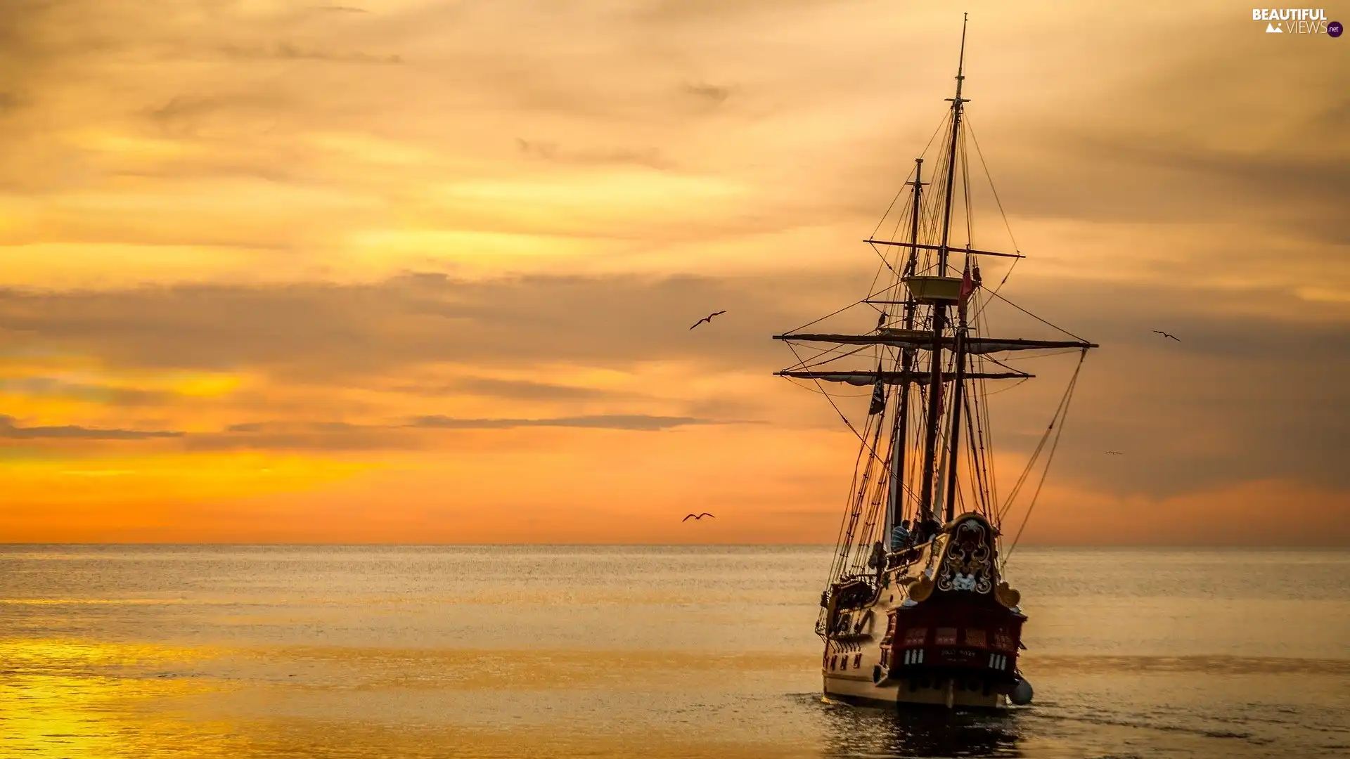 sea, birds, Yacht, Great Sunsets
