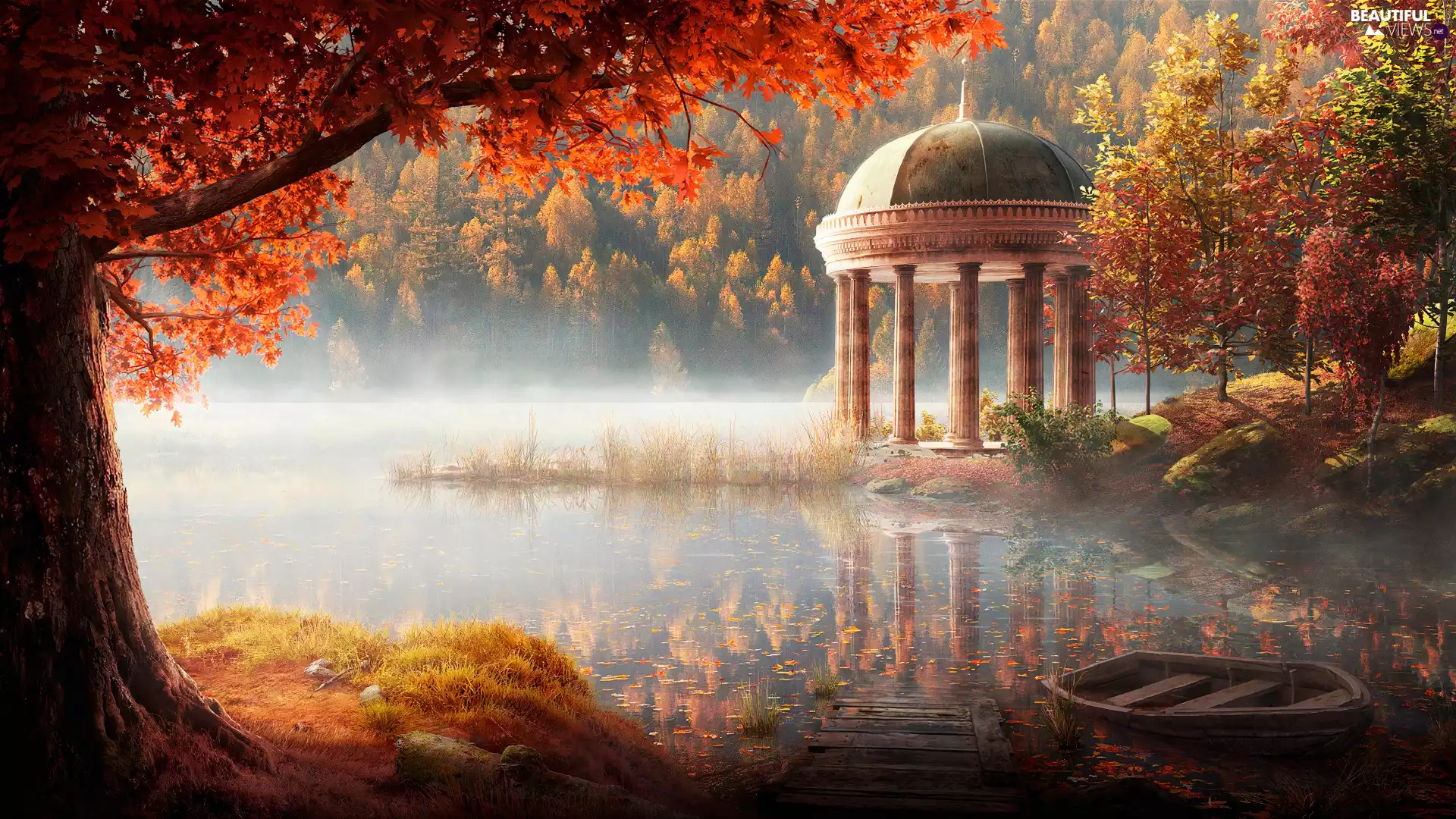 Boat, trees, Fog, viewes, column, Pond - car, autumn, Buldings