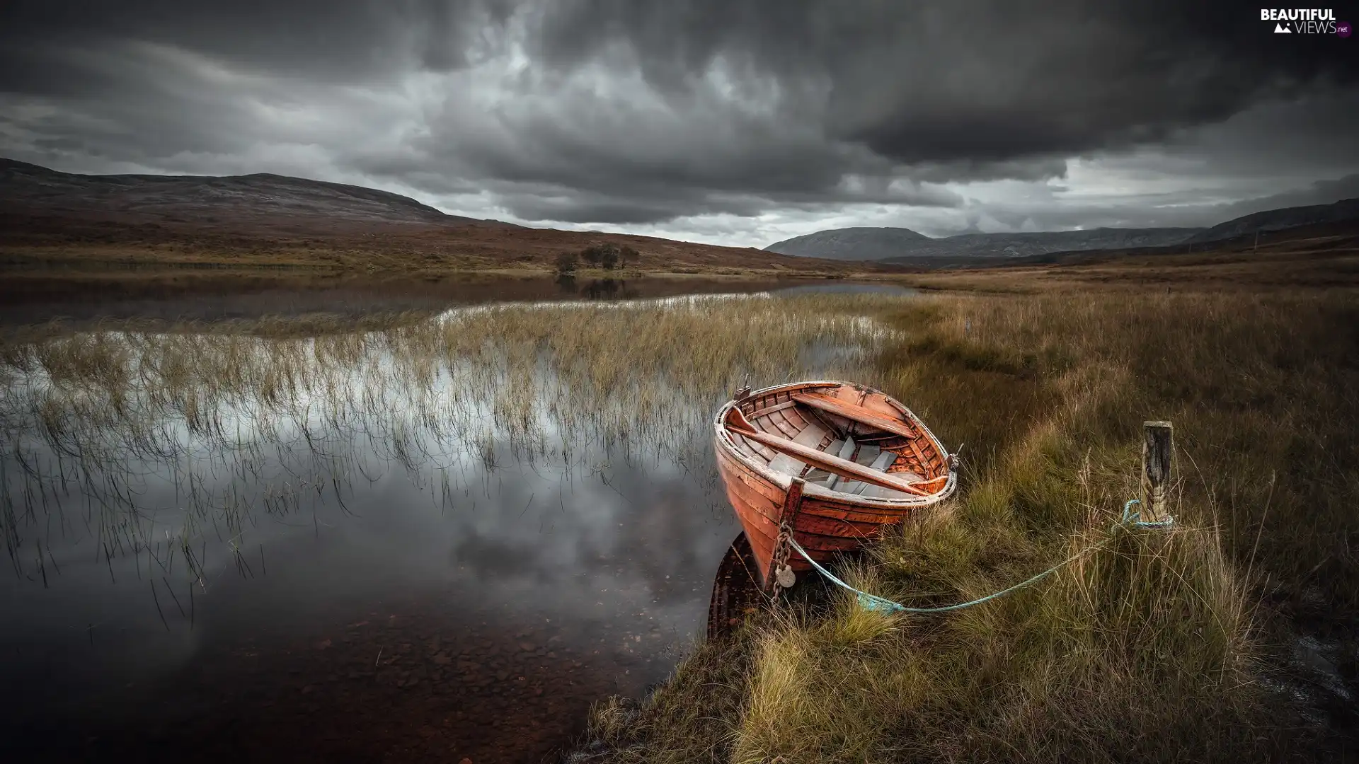 River, Boat, clouds, Mountains, dark