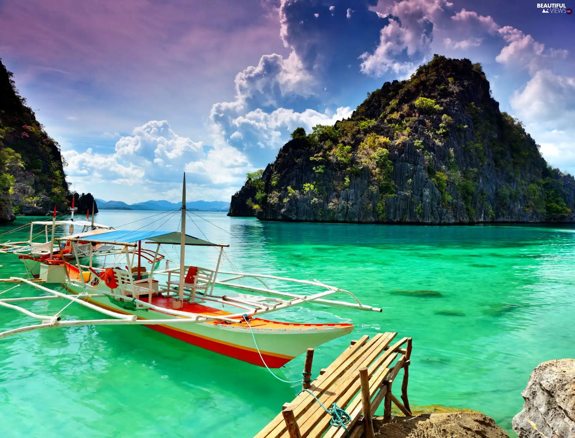 clouds, rocks, Boat, sea