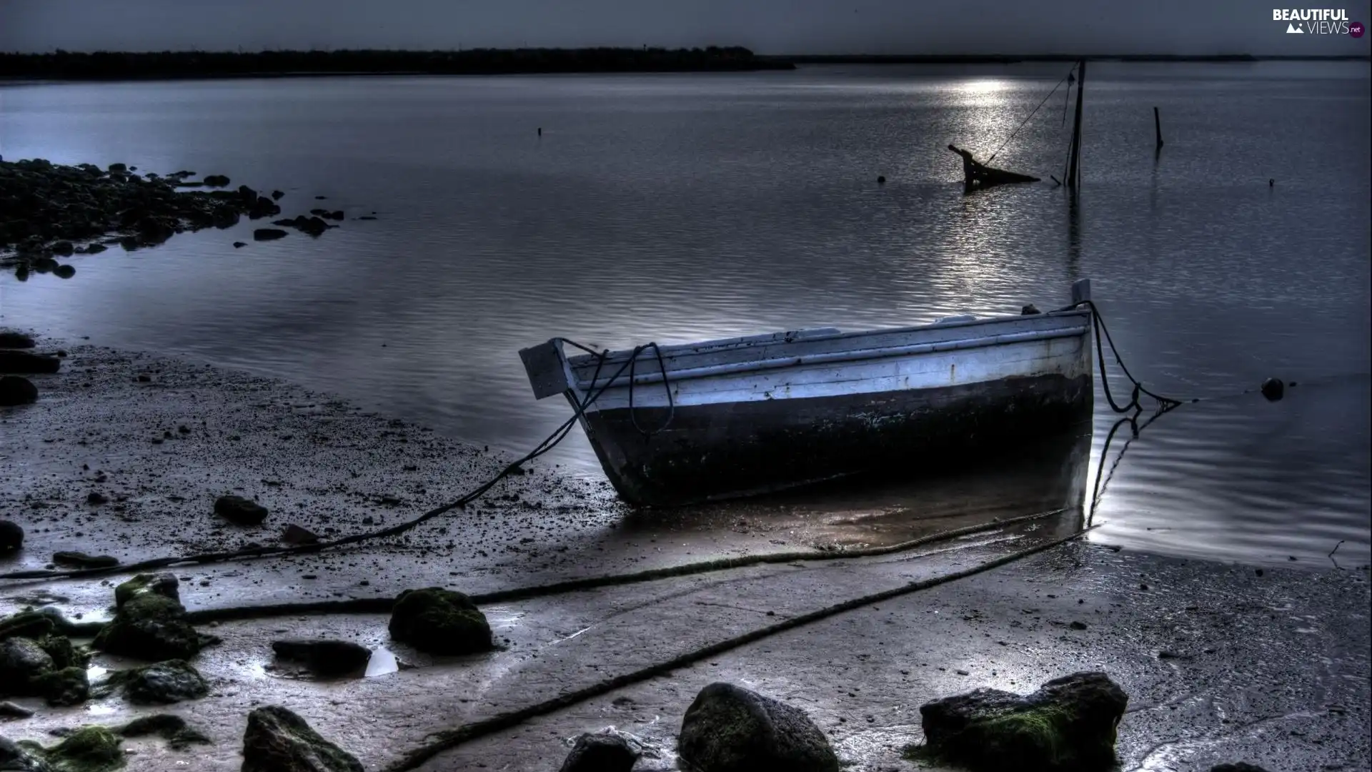 Boat, lake, Stones