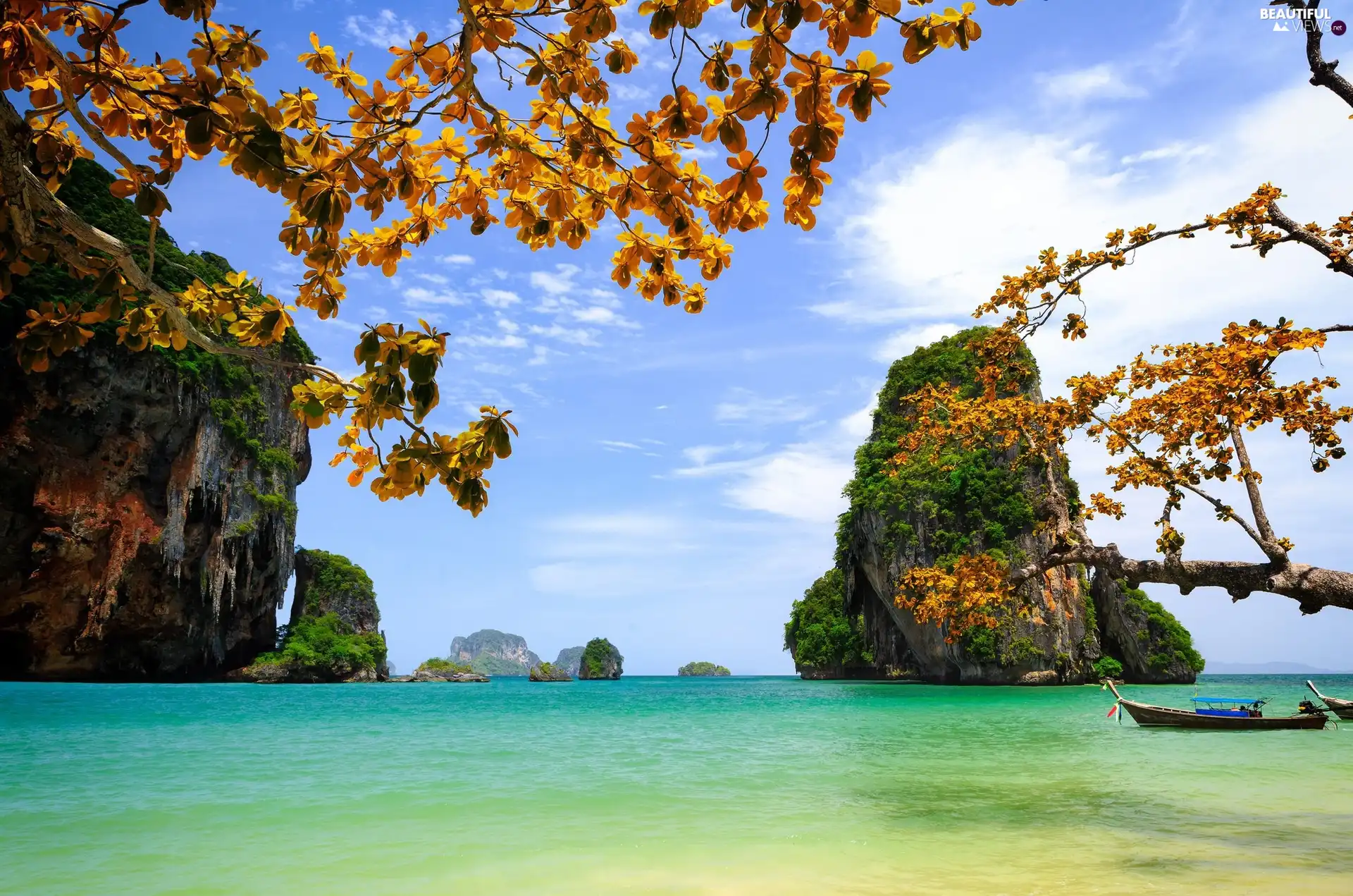 trees, sea, boats, autumn, viewes, rocks