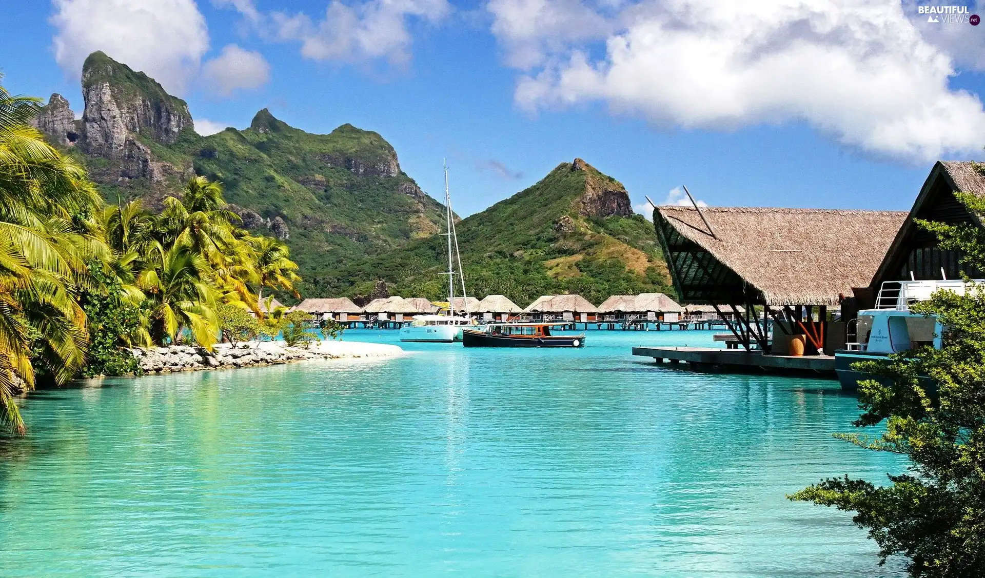 Boats, Bora Bora, sea, Houses, Mountains