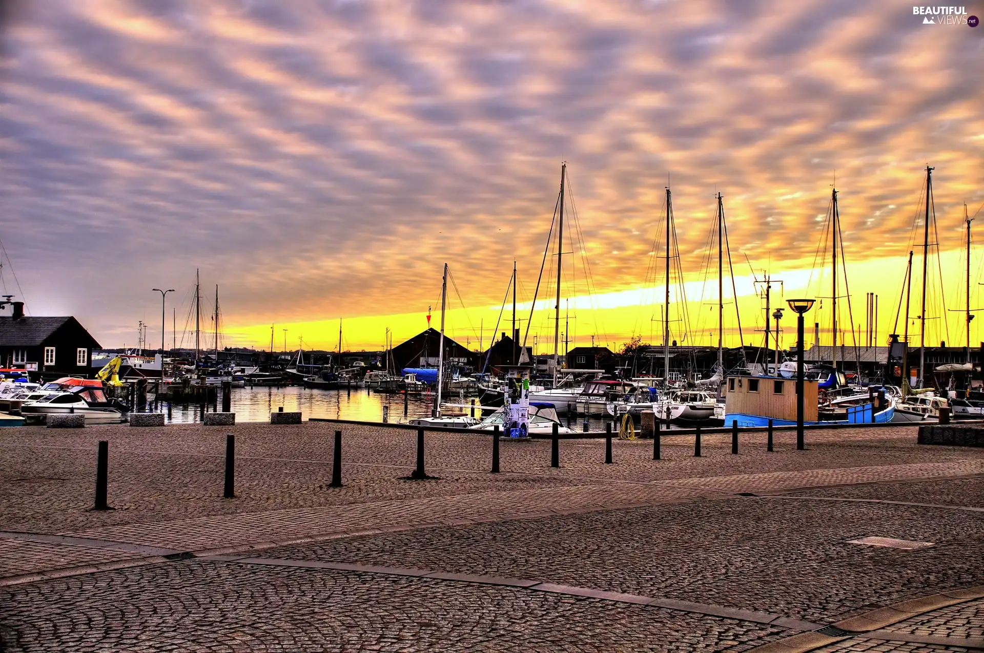 dawn, Harbour, Boats, clouds