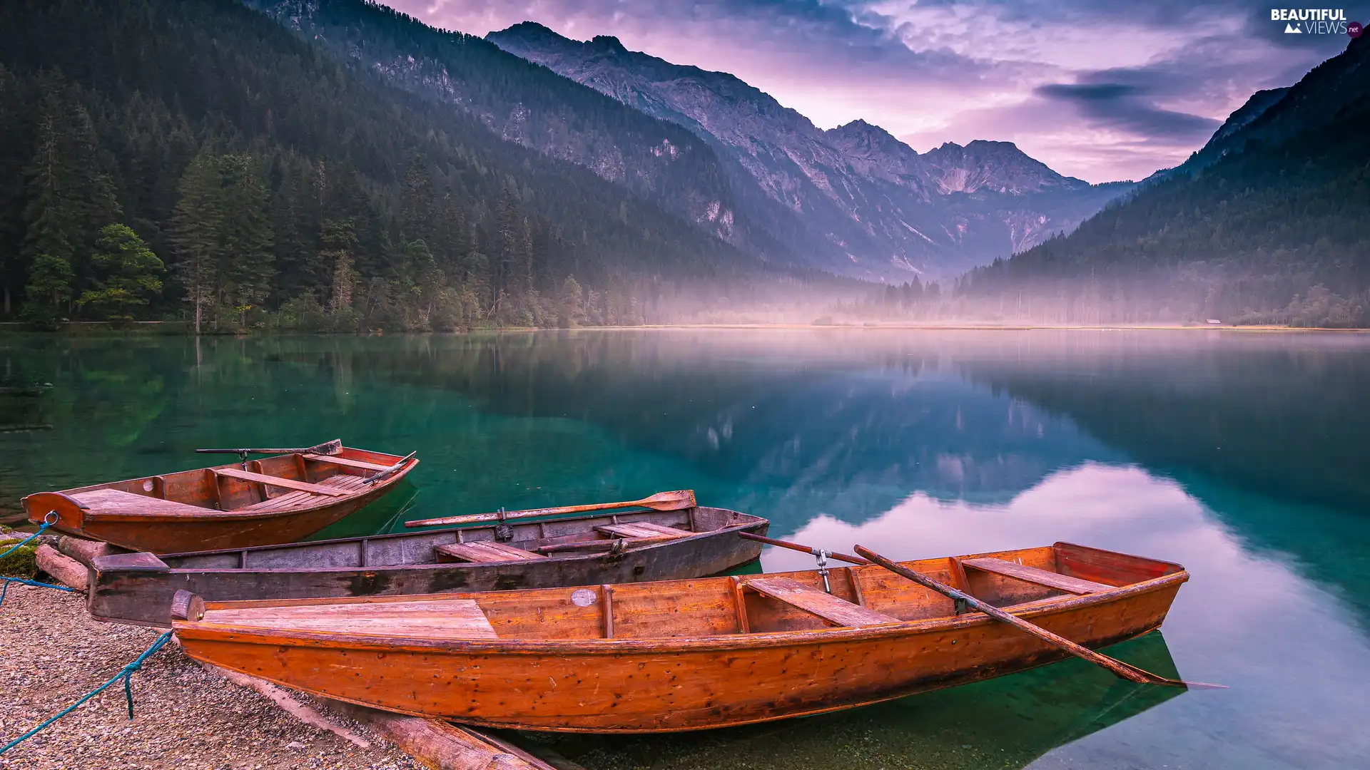 Three, boats, Fog, Mountains, lake