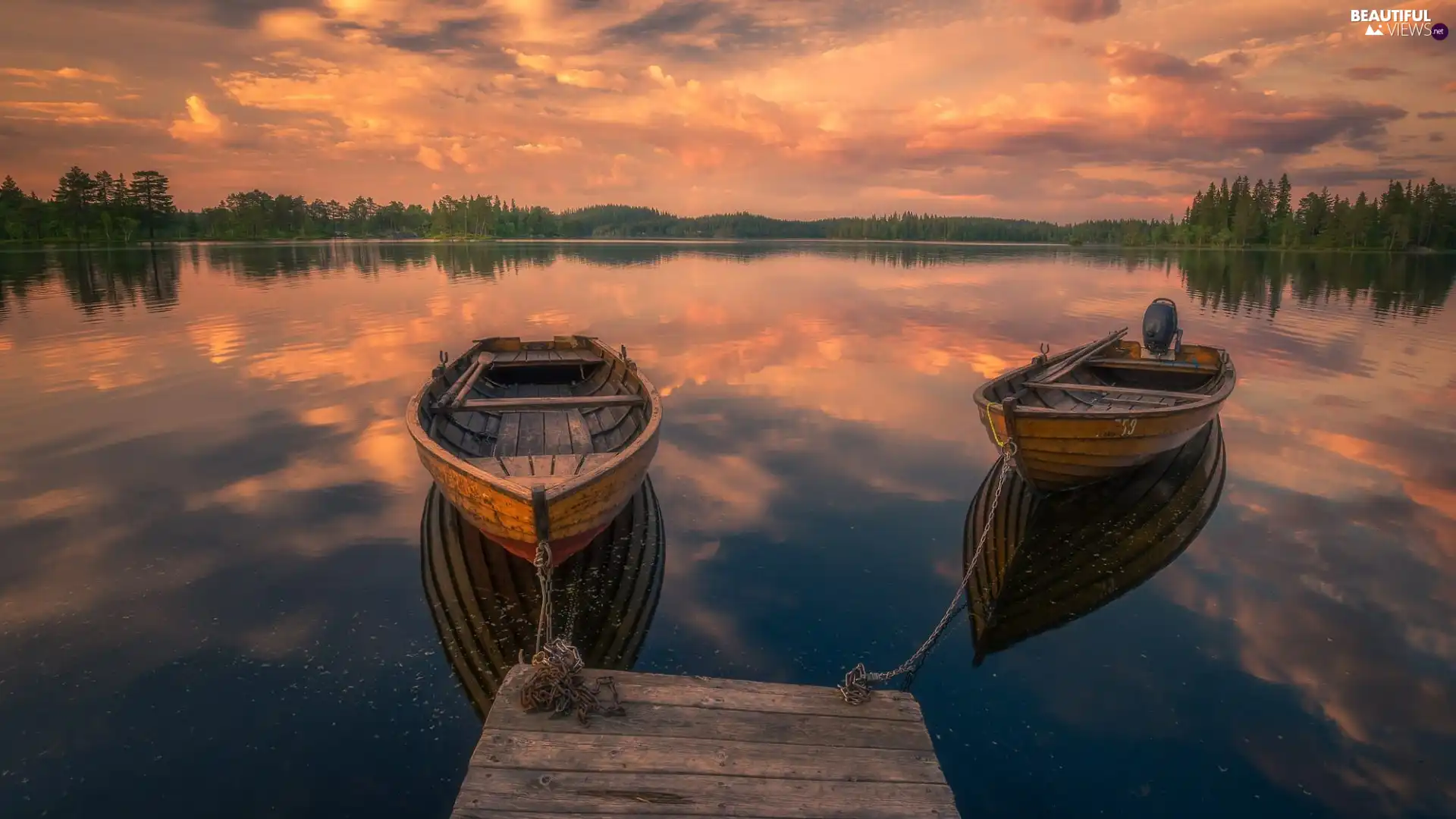 boats, Norway, Platform, Great Sunsets, lake, Ringerike