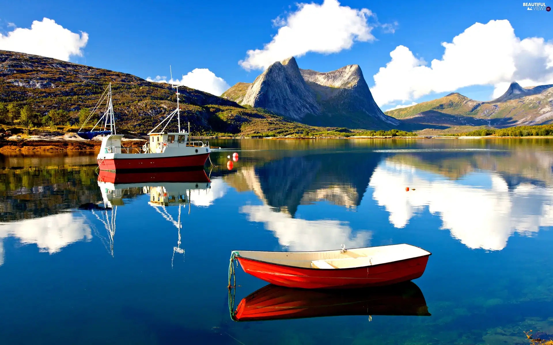 Boats, reflection, clouds, lake, Mountains