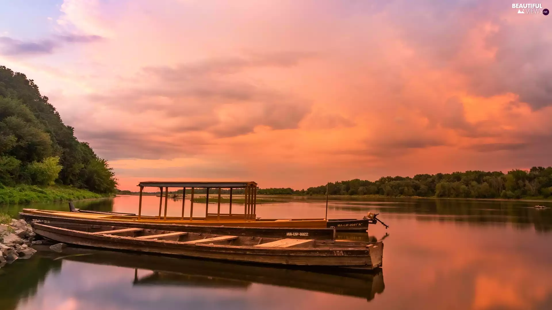 trees, Vistula river, Great Sunsets, Poland, viewes, boats