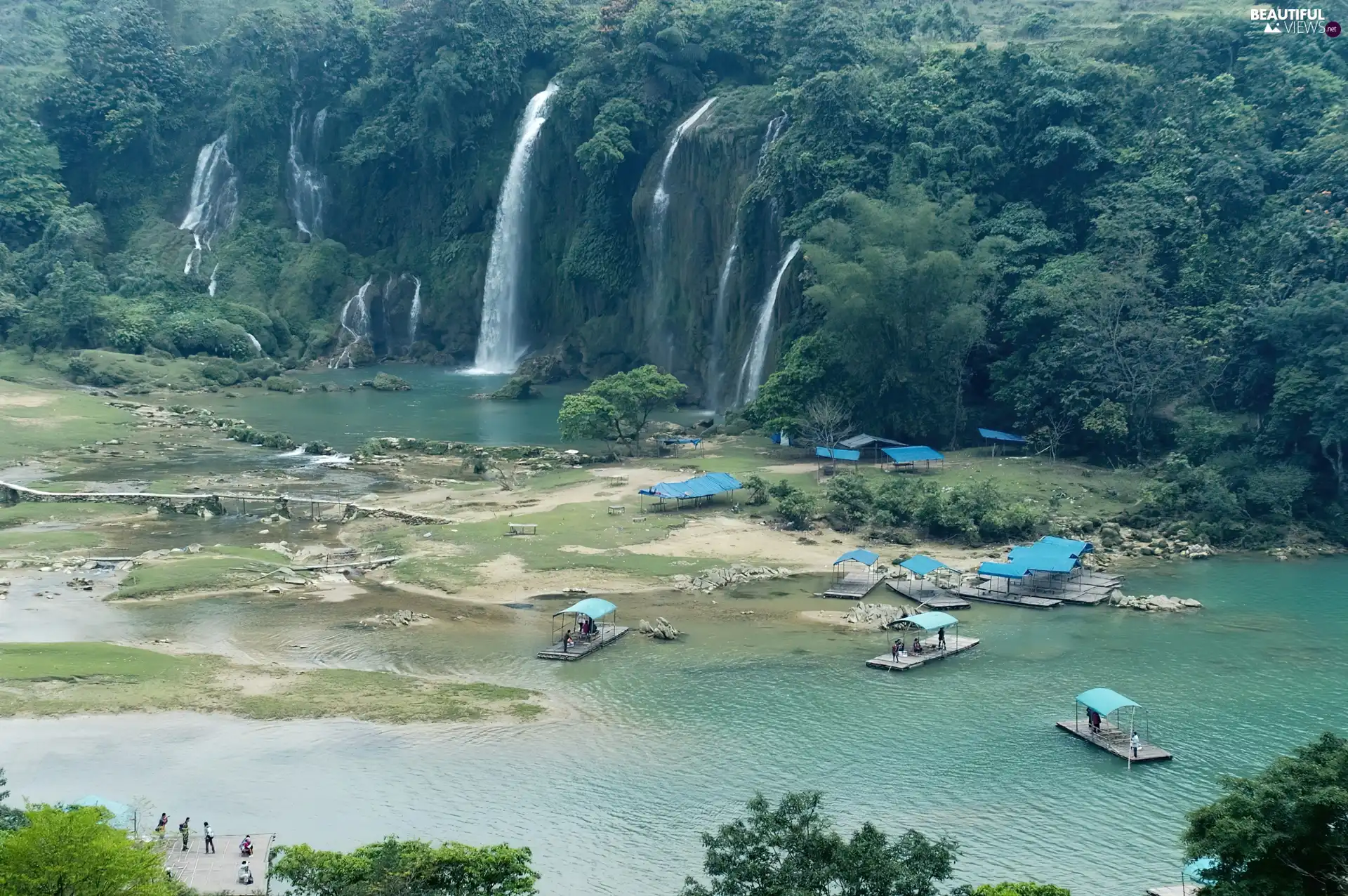 Boats, waterfall, River