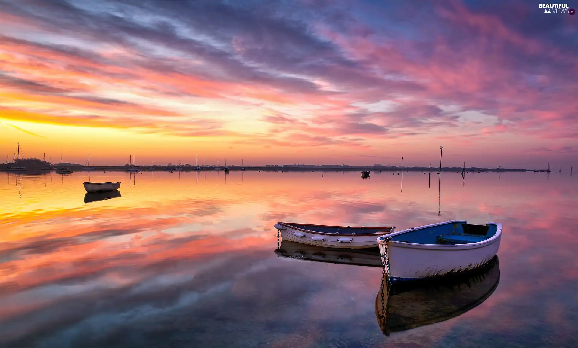 boats, lake, Sunrise