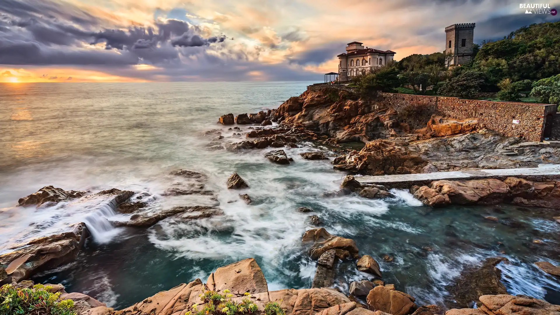 Great Sunsets, sea, Italy, rocks, Tuscany, Castello del Boccale, Boccale Castle, Livorno