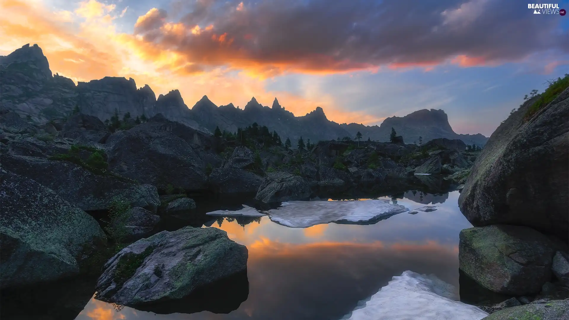 clouds, Great Sunsets, boulders, rocks, lake