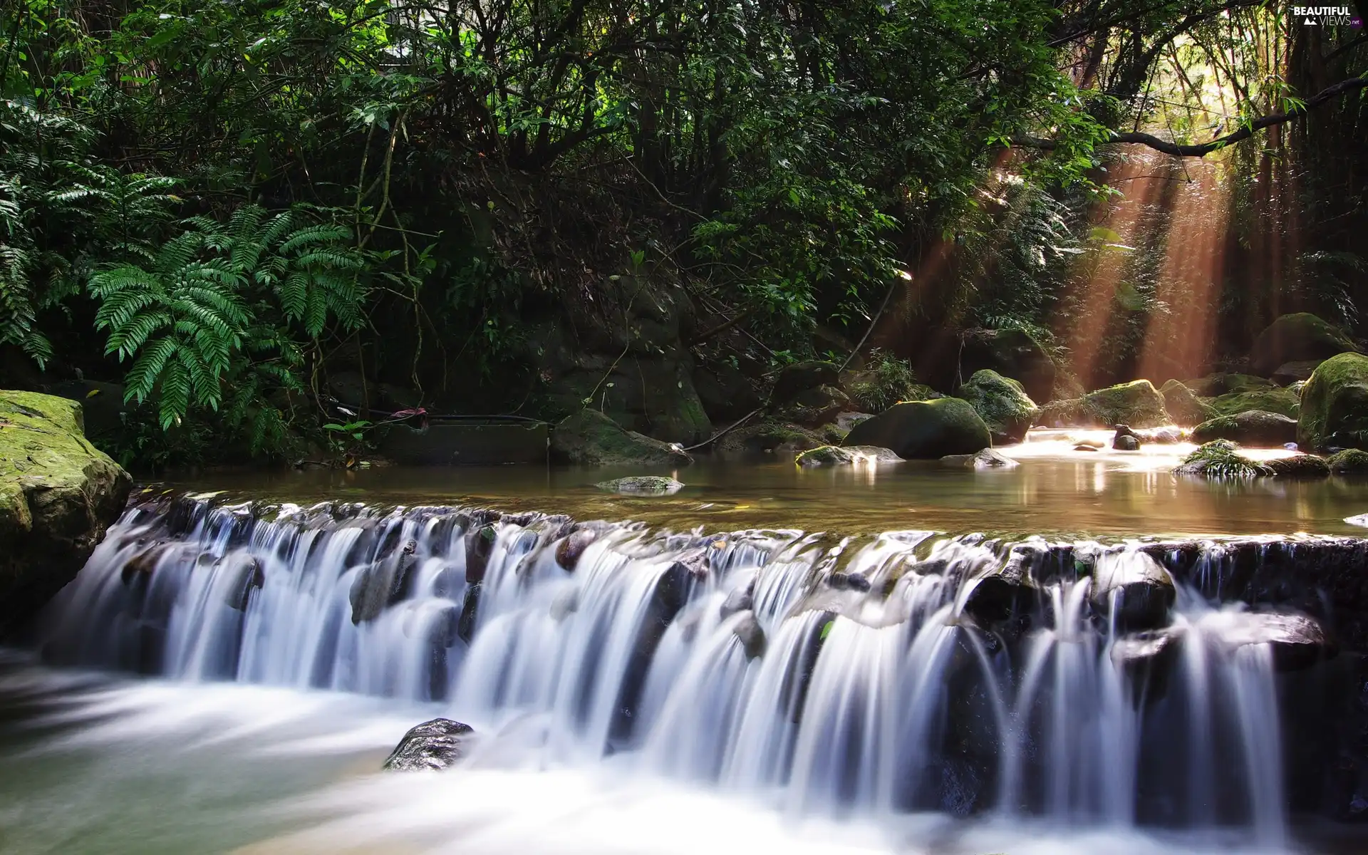 waterfall, sunny, boulders, rays