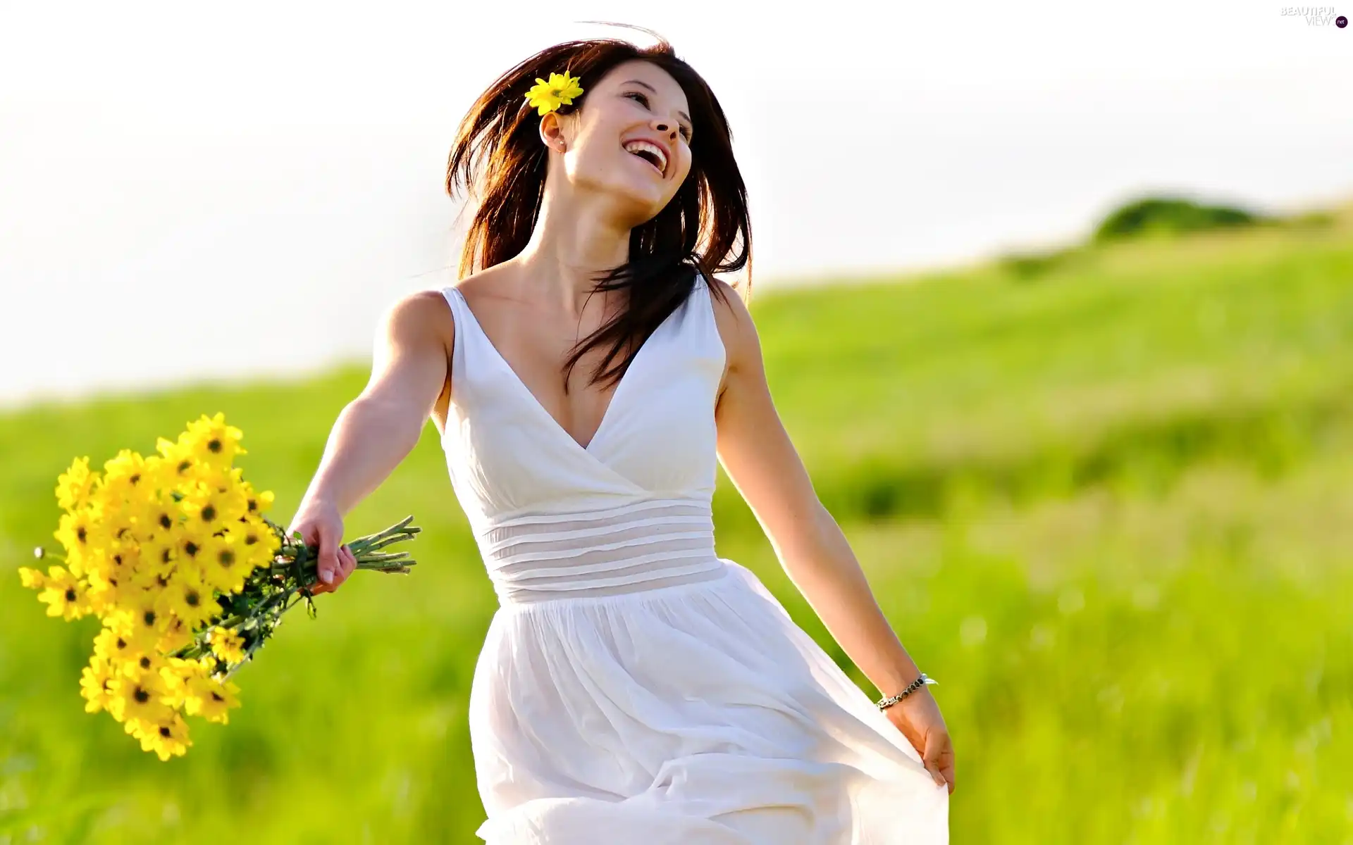 bouquet, flowers, girl, Meadow, happy