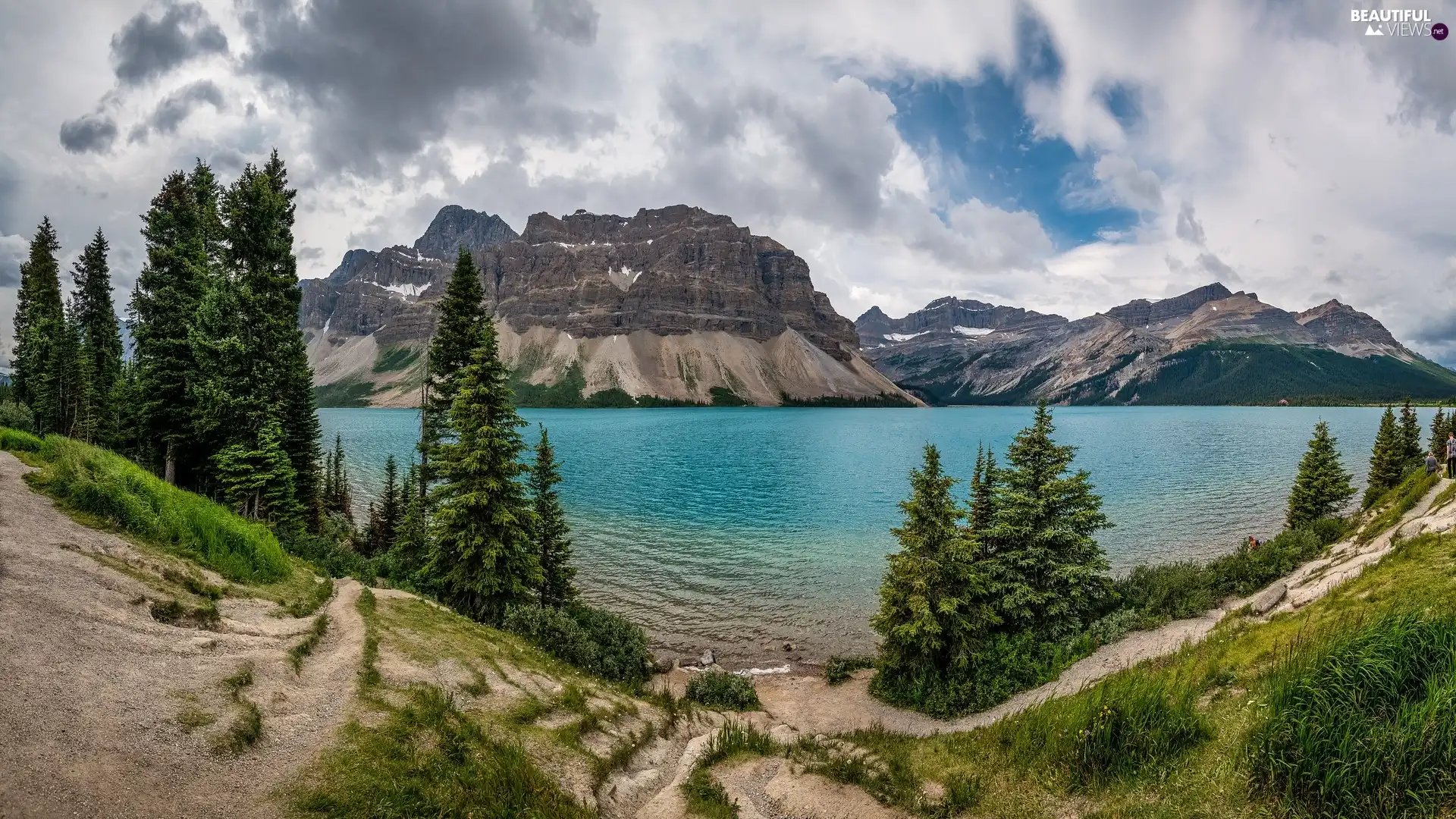 Banff National Park, Bow Lake, clouds, Mountains, viewes, Province of Alberta, Canada, trees