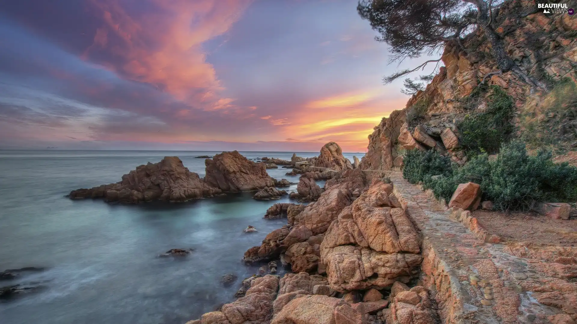 Spain, sea, clouds, rocks, viewes, Costa Brava, Rosamar Cala Resort, trees