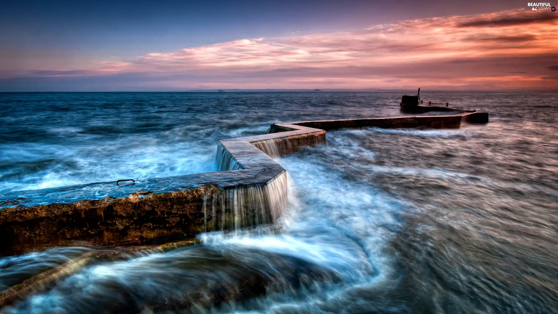 west, sea, breakwater, sun