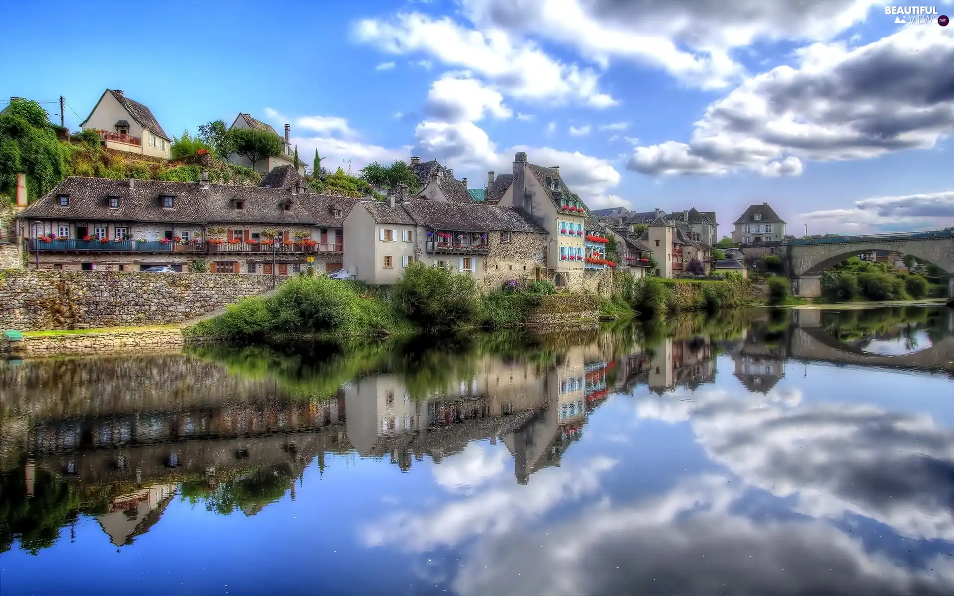 bridge, clouds, apartment house, River, France