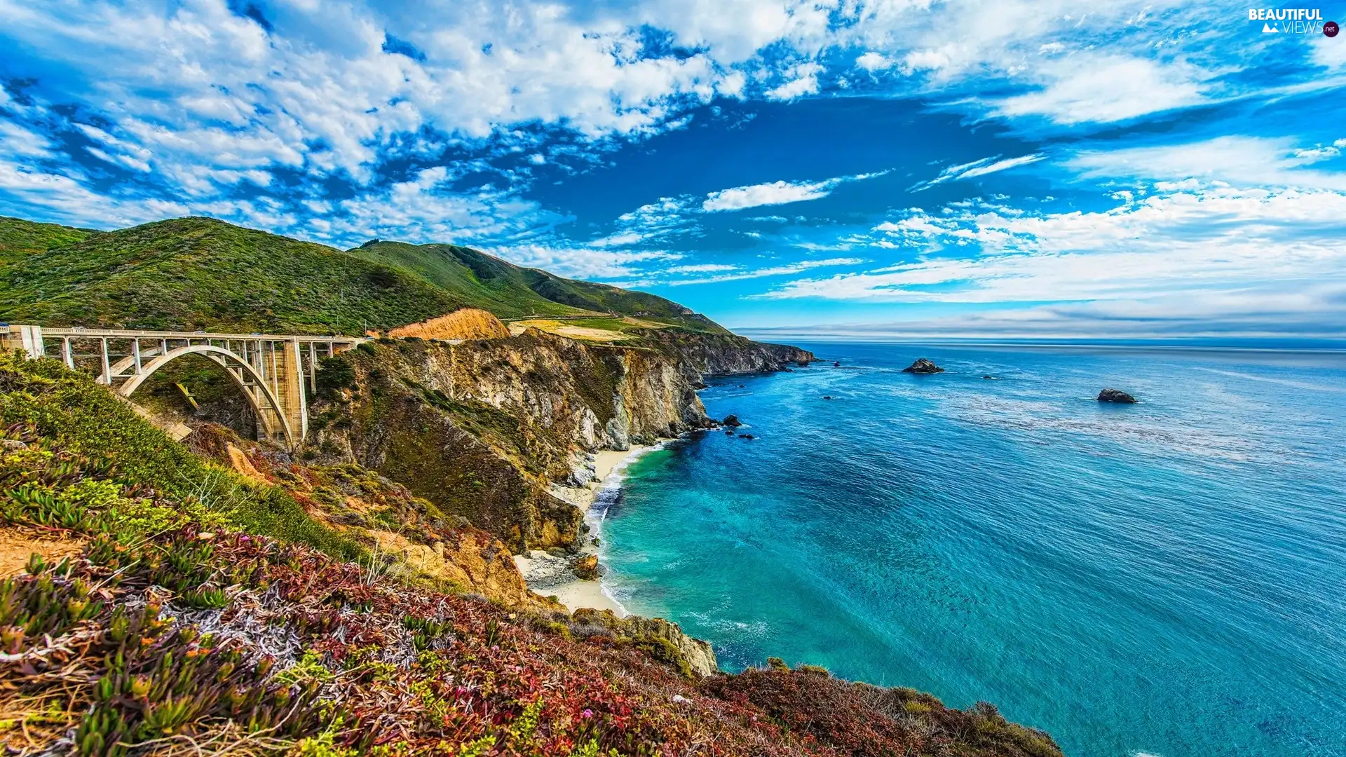 bridge, clouds, Mountains, Cliffs, Coast
