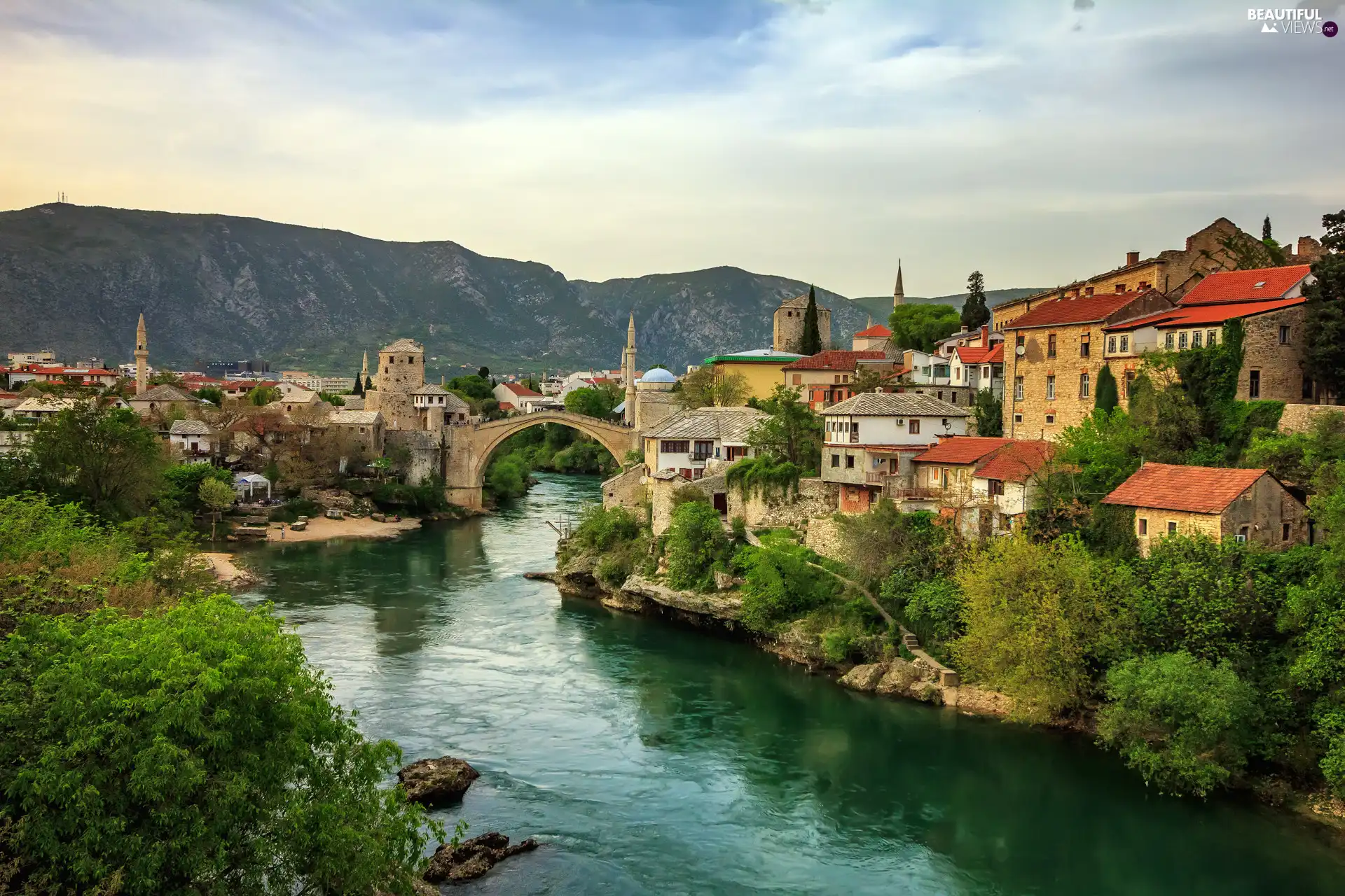 River Neretva, Old Bridge, Houses, trees, Mostar, Bosnia and Herzegovina, Mountains, clouds, viewes