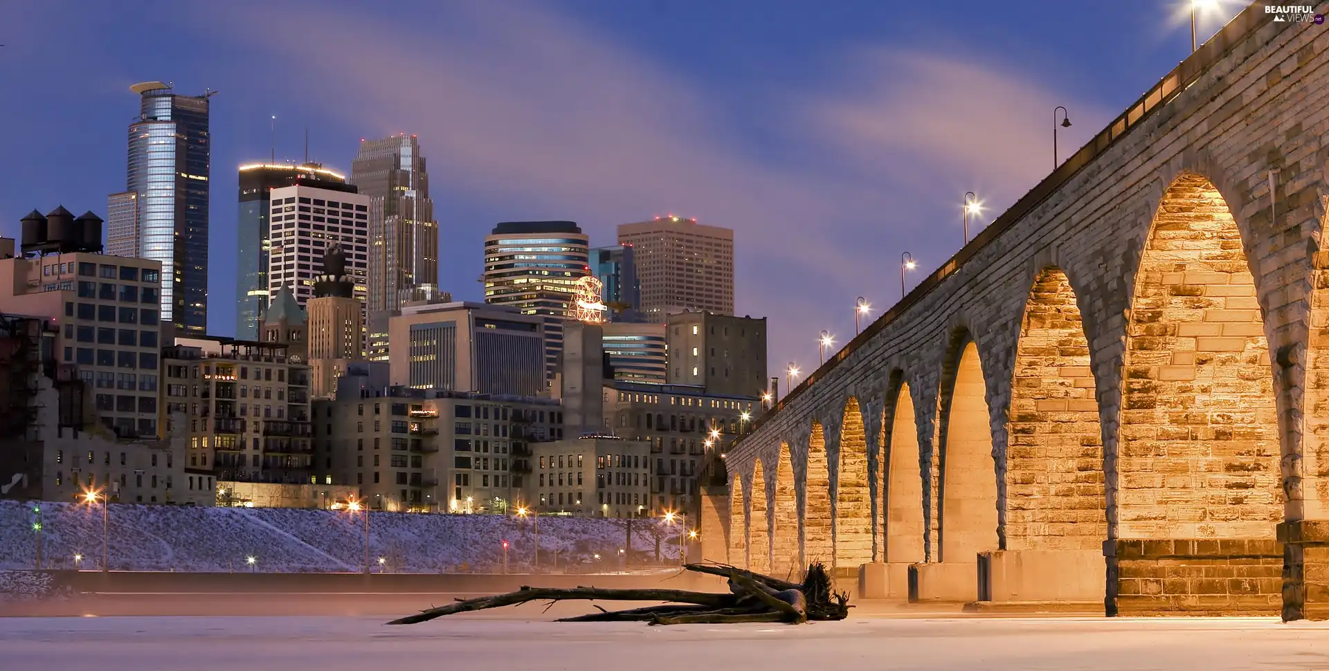 Mississippi, clouds, Minneapolis, Frozen, skyscrapers, bridge, night