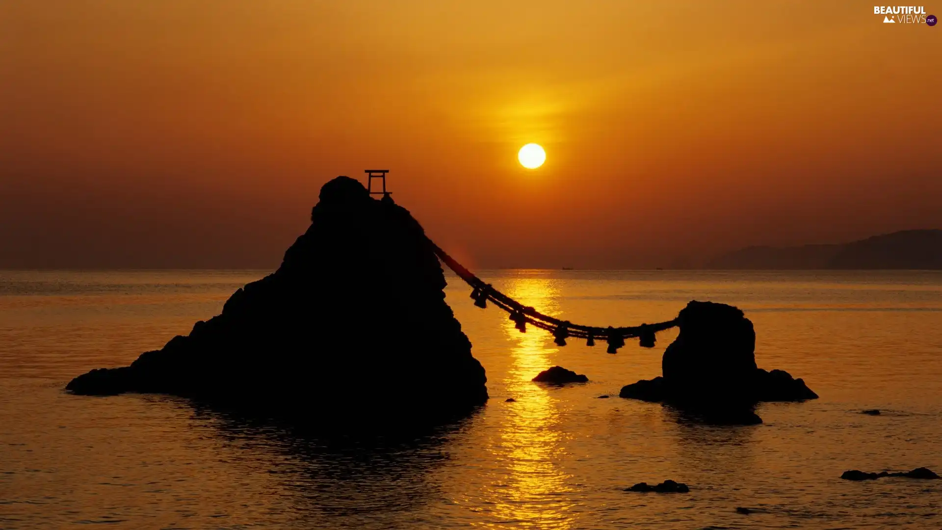 bridge, pendant, sun, rocks, west