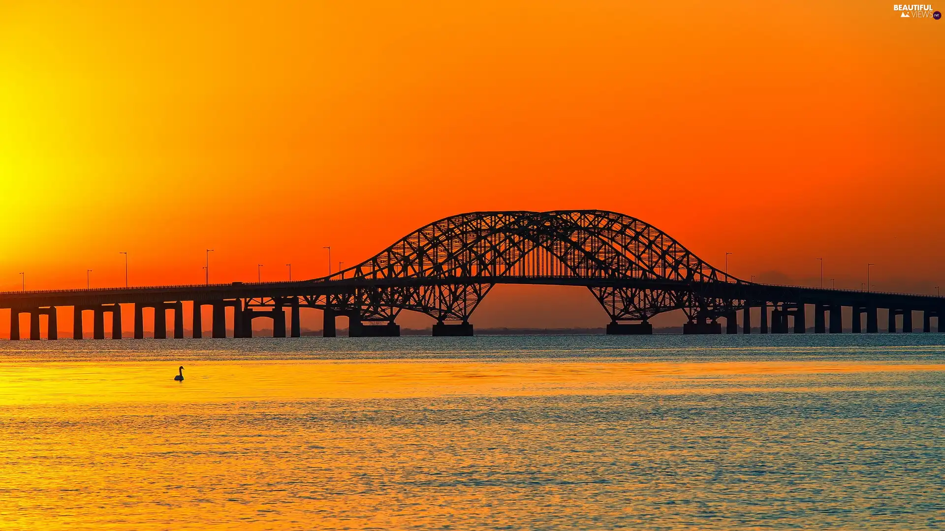 River, sun, bridge, west